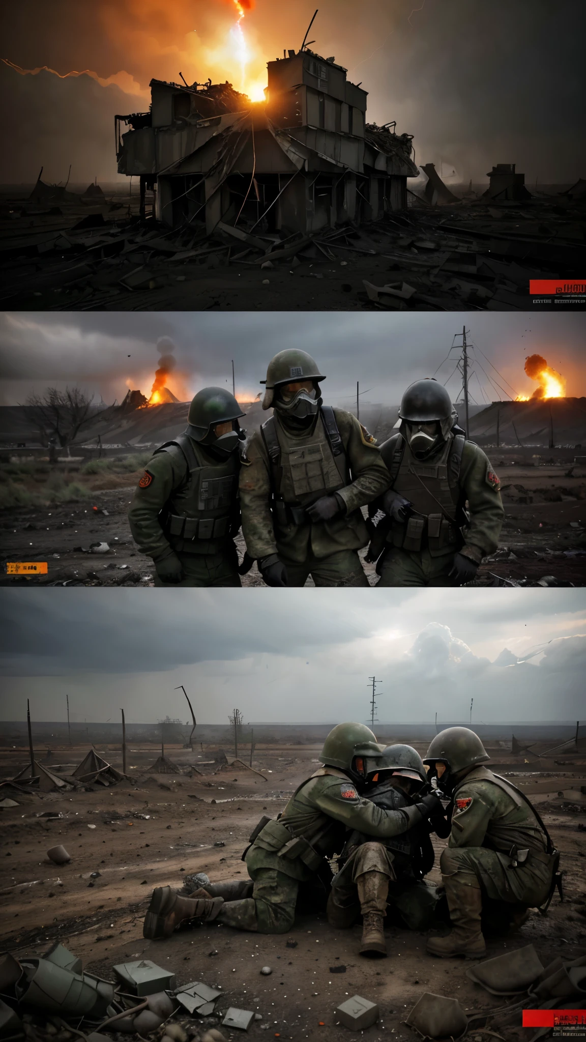 (best quality,highres),World War One scene,soldiers falling on the battle field,explosions and smoke,grim atmosphere,muddy trenches,barbed wire,crumbling buildings,rubble and debris,gas masks,detail of soldier's uniforms and equipment,artillery fire and explosions,bleak landscape,bullet shells scattered on the ground,heavy machine guns,muddy and bloodied boots,tension and fear,heavy clouds of smoke and dust,crimson sky,shattered helmets and gas masks,heavy rain,thunder and lightning,desolation and destruction,war-torn landscape,shell craters,cries of pain and agony,heart-wrenching scenes of wounded soldiers,haunting silence between moments of chaos, War Day prompt theme