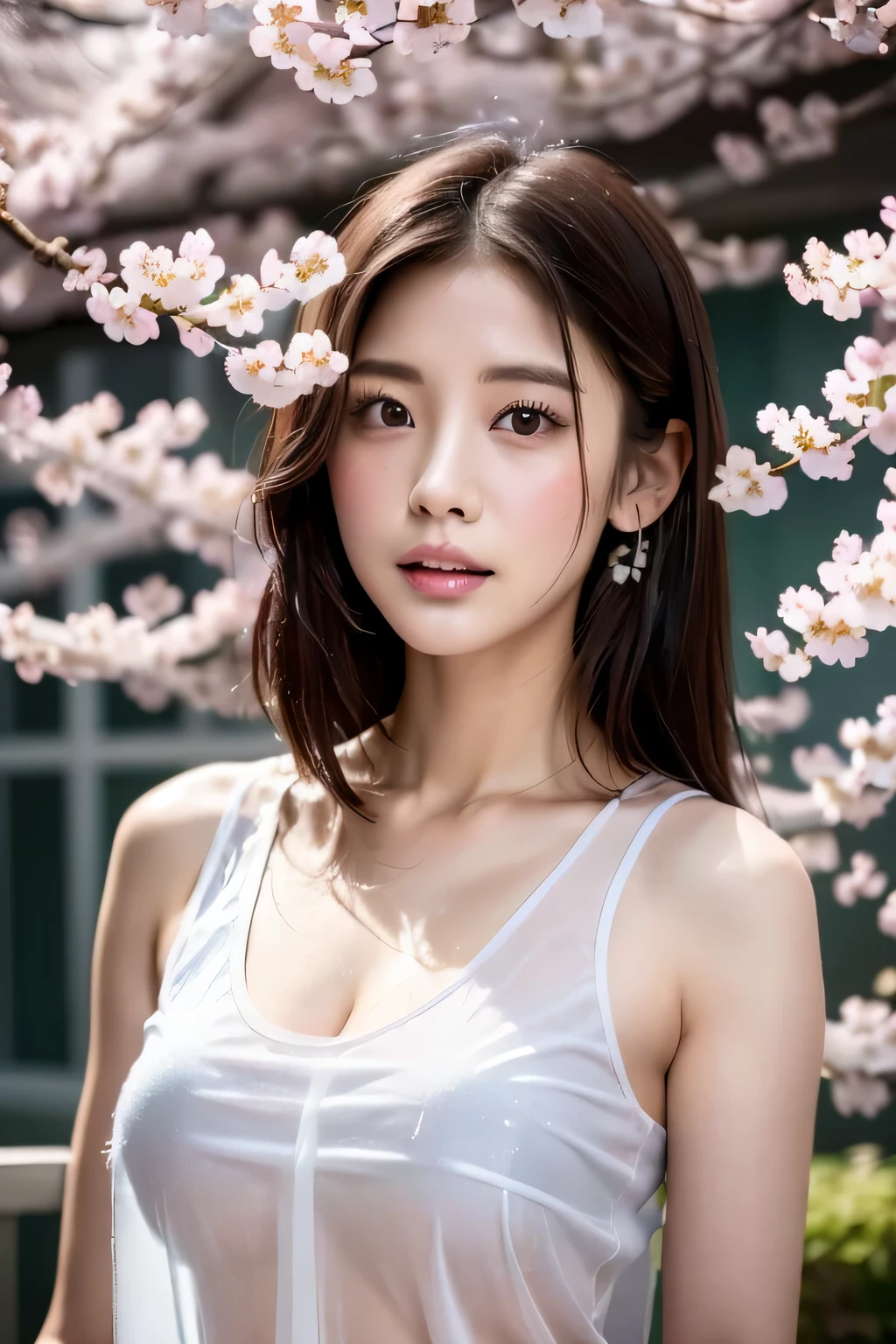 Best quality, 4K,8K,Realistic, Photorealistic, extremely detaile, An extremely delicate and beautiful, Photo, Japanese and Korean beauties，South Korean beauties，Wear JK, mini-skirts，Large breasts，perfect boobs，(Beautiful detailed eyes,beautiful detailed lips,Extremely detailed eyes and face,long eyelasher), Beautiful hair, joyful expressions, Surrounded by cherry blossom trees, Kawaii style, In a picturesque garden full of sunshine. The artwork is of the best quality, With ultra-detailed features and realistic, Realistic touch. vibrant with colors，The lighting creates a warm atmosphere, Dreamy atmosphere.