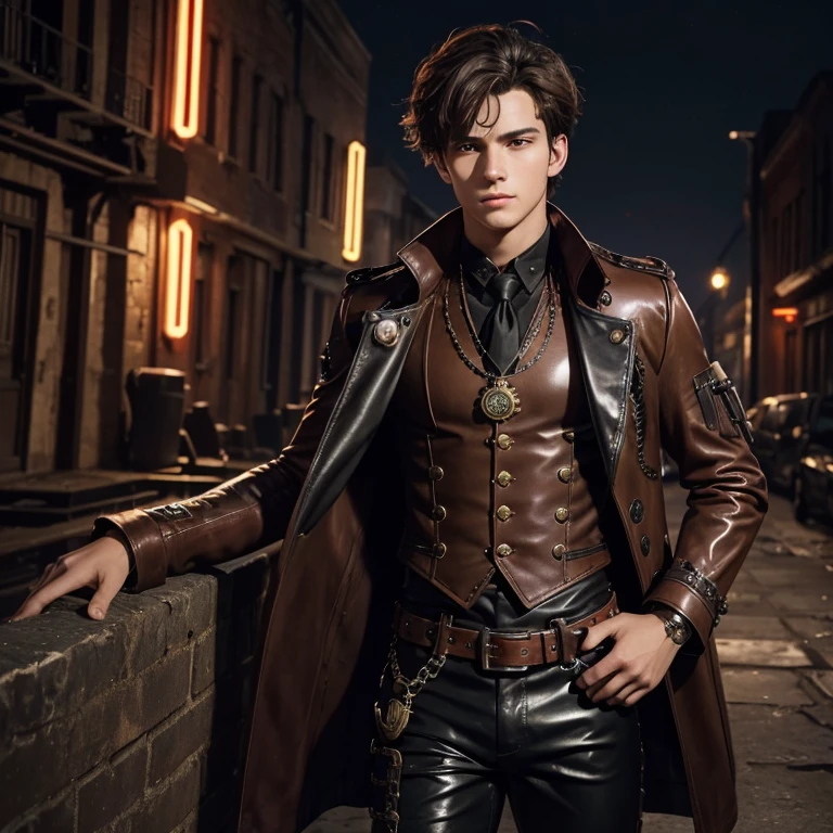20-year-old boy, brown hair, messy hairstyle, brown eyes, red Steampunk suit with black details, snake medallion, black leather belt, black latex pants, slim build, muscular, background of ruin, waters at night, looking straight at the viewer