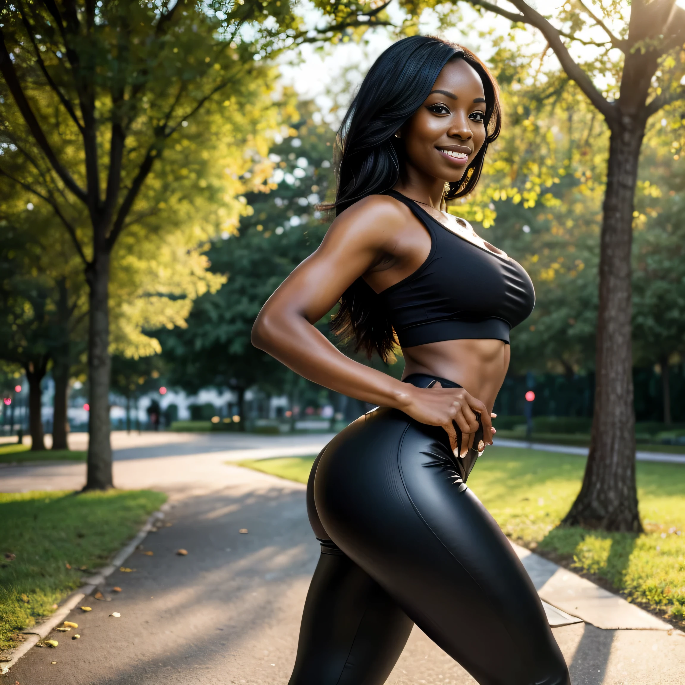 Subject: A beautiful African American woman with a confident and flirty demeanor * The woman has medium complexion skin with a warm undertone. * She has a curvy figure with a small waist, big breasts, thick hips, and large buttocks. * Her hair is long and voluminous, styled in black and blonde mixed braids. * Her expression is self-assured and playful, with a hint of a flirtatious smile. Location:** Hiking trail overlooking a mountain vista Idea: Capture the feeling of accomplishment and enjoying the view after a hike. Attire:** Wear sporty yet stylish clothes like comfortable hiking boots, leggings, and a moisture-wicking athletic top. Pose: Stand tall with legs shoulder-width apart, arms raised in a victory pose, looking out at the view with a smile of satisfaction.