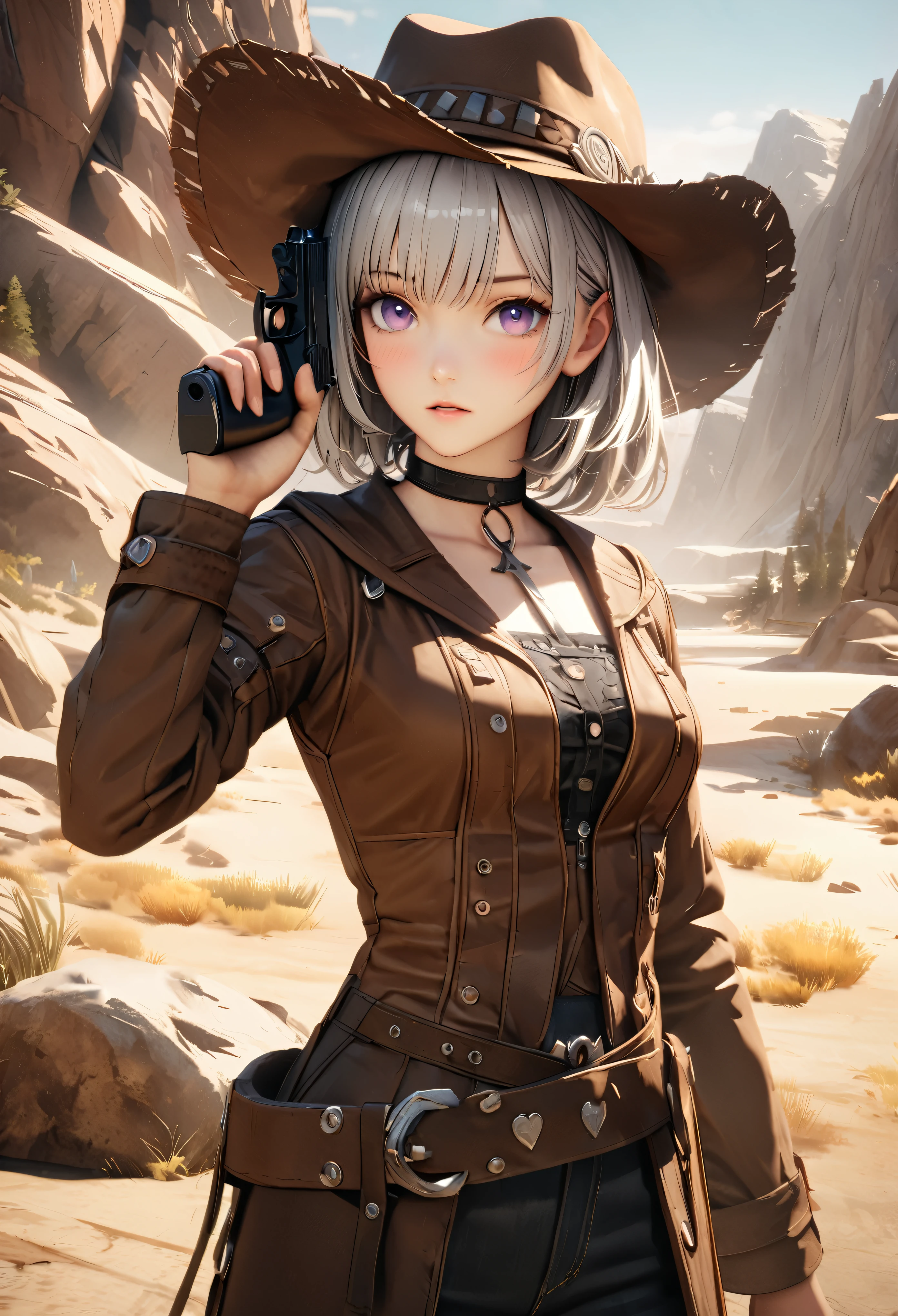 masterpiece,highest quality, Super detailed, High resolution, expensive resolution, HDR, 4k, 8K, unity 8k wallpaper, Super detailed CG, masterpiece, realistic, 2D, 3D, beautiful details, depth, fine texture , super fine: 1.3, Fully focused, Crispy.skin, .he,
Very cute anime girl 、Desolate wilderness、cowboy style costume、cowboy hat、cowboy boots、hand gun、mexican wilderness、duel、Standing with a hand gun、silver short hair wearing expensive , one girl、alone, silver short hair, cowboy style、cowboy hat、hand gun、duel、cowboy bootole under the eye, looking at the viewer , expensive , blush, mole, , parted lips, hair ornaments, heart, purple eyes, choker