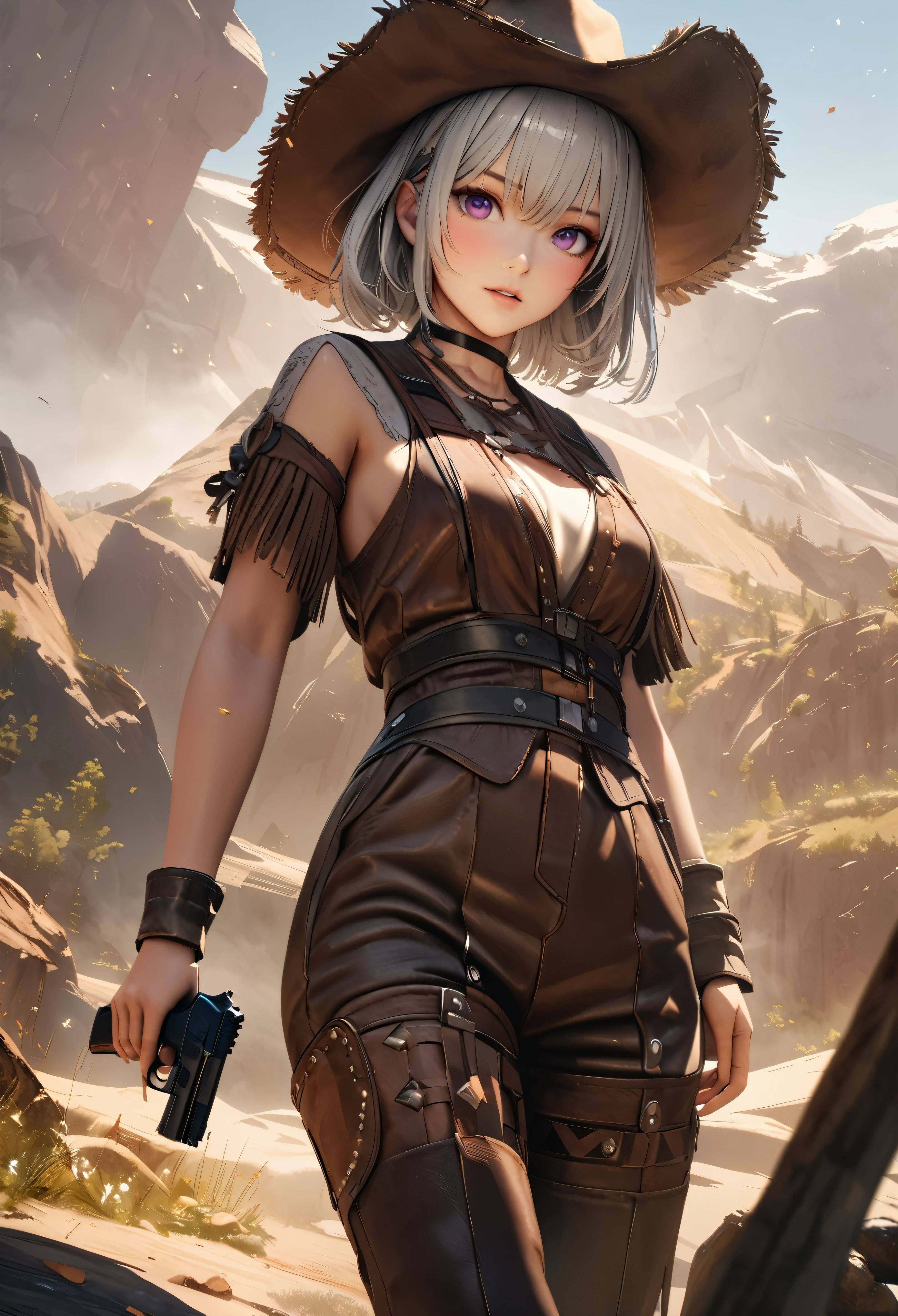 masterpiece,highest quality, Super detailed, High resolution, expensive resolution, HDR, 4k, 8K, unity 8k wallpaper, Super detailed CG, masterpiece, realistic, 2D, 3D, beautiful details, depth, fine texture , super fine: 1.3, Fully focused, Crispy.skin, .he, Very cute anime girl 、Desolate wilderness、cowboy style costume、cowboy hat、cowboy boots、hand gun、mexican wilderness、duel、Standing with a hand gun、long silver hair wearing expensive , one girl、alone, long silver hair, cowboy style、cowboy hat、hand gun、duel、cowboy bootole under the eye, looking at the viewer , expensive , blush, mole, parted lips, hair ornaments, heart, purple eyes, choker