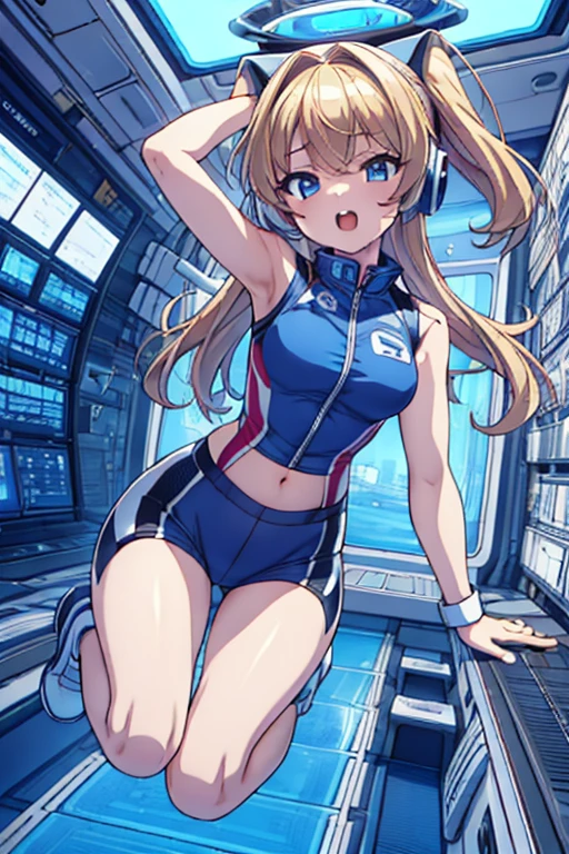 top-quality,Top image quality,in 8K,4K,masterpiece,ultra-detailliert,Beautiful,ultra-quality, best quality,high resolution, ultra-detailed,game cg,dutch angle,(acrobatic pose):5,jumping:5,(inside spacestation,)beautiful detailed eyes,five fingers,headphone,nsfw,a beauty girl,(astrovest):5,(track uniforms),wet,(steam:1.5),Running form,open open mouth,(blonde hair),(long hair):2,Navel,space_station_interior, exercise_room, futuristic, high_technology, zero_gravity_exercise_equipment, high_resolution_landscape, sleek_design, minimalistic, 8K_resolution, game_cg_style, Dutch_angle, detailed_character, track_uniform, perfect_running_form, intense_expression, detailed_eyes, determination, steam:1.5, beauty, strength, five_fingers, visible_navel, open_mouth, ultra_quality, high_resolution, ultra_detailed,astrovest