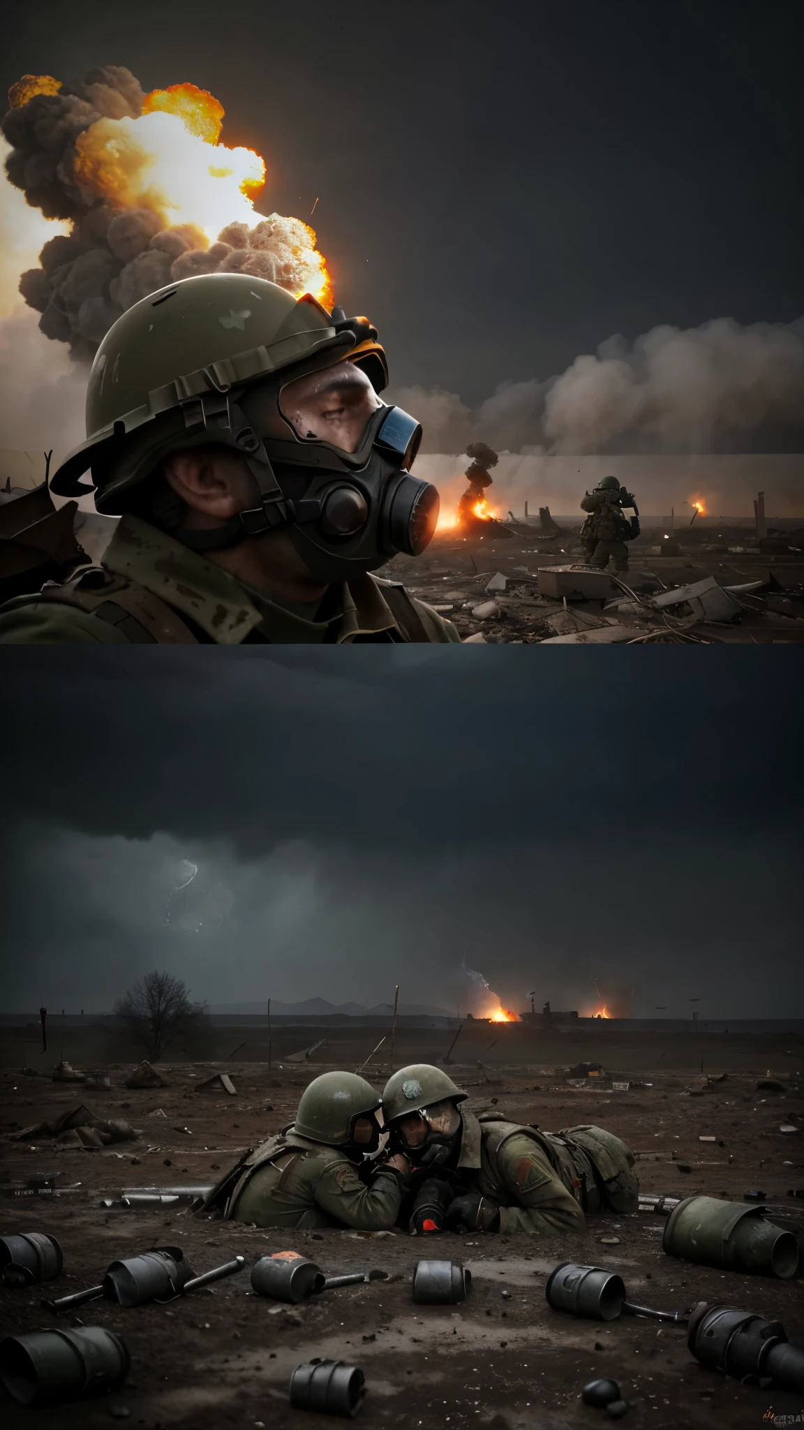 (best quality,highres),World War One scene,soldiers falling on the battle field,explosions and smoke,grim atmosphere,muddy trenches,barbed wire,crumbling buildings,rubble and debris,gas masks,detail of soldier's uniforms and equipment,artillery fire and explosions,bleak landscape,bullet shells scattered on the ground,heavy machine guns,muddy and bloodied boots,tension and fear,heavy clouds of smoke and dust,crimson sky,shattered helmets and gas masks,heavy rain,thunder and lightning,desolation and destruction,war-torn landscape,shell craters,cries of pain and agony,heart-wrenching scenes of wounded soldiers,haunting silence between moments of chaos, War Day prompt theme