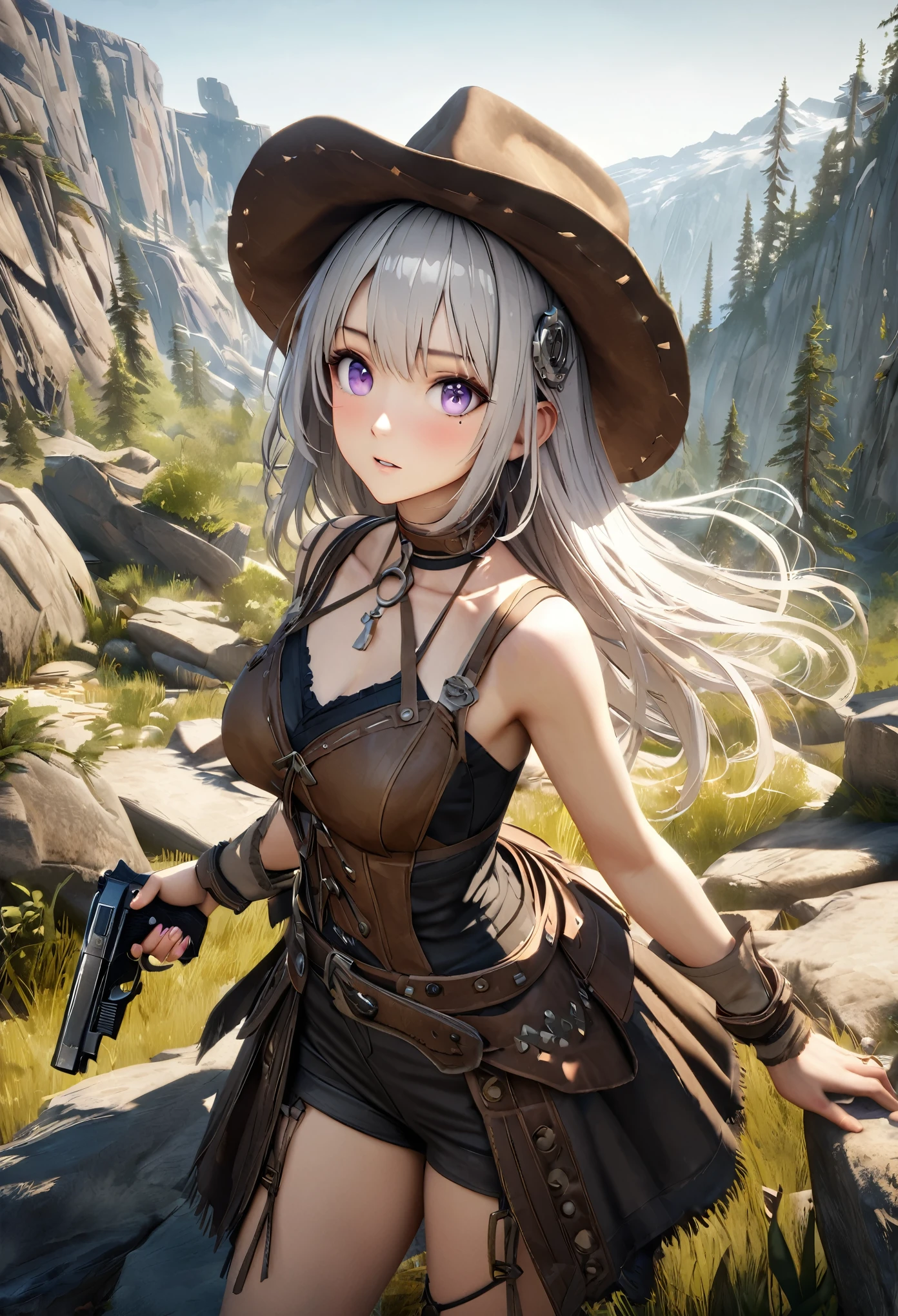 masterpiece,highest quality, Super detailed, High resolution, expensive resolution, HDR, 4k, 8K, unity 8k wallpaper, Super detailed CG, masterpiece, realistic, 2D, 3D, beautiful details, depth, fine texture , super fine: 1.3, Fully focused, Crispy.skin, .he, Very cute anime girl 、Desolate wilderness、cowboy styleの衣装、cowboy hat、cowboy boots、hand gun、mexican wilderness、duel、hand gunを持って立っている、long silver hair wearing expensive , one girl、alone, long silver hair, cowboy style、cowboy hat、hand gun、duel、cowboy bootole under the eye, looking at the viewer , expensive , blush, mole, parted lips, hair ornaments, heart, purple eyes, choker