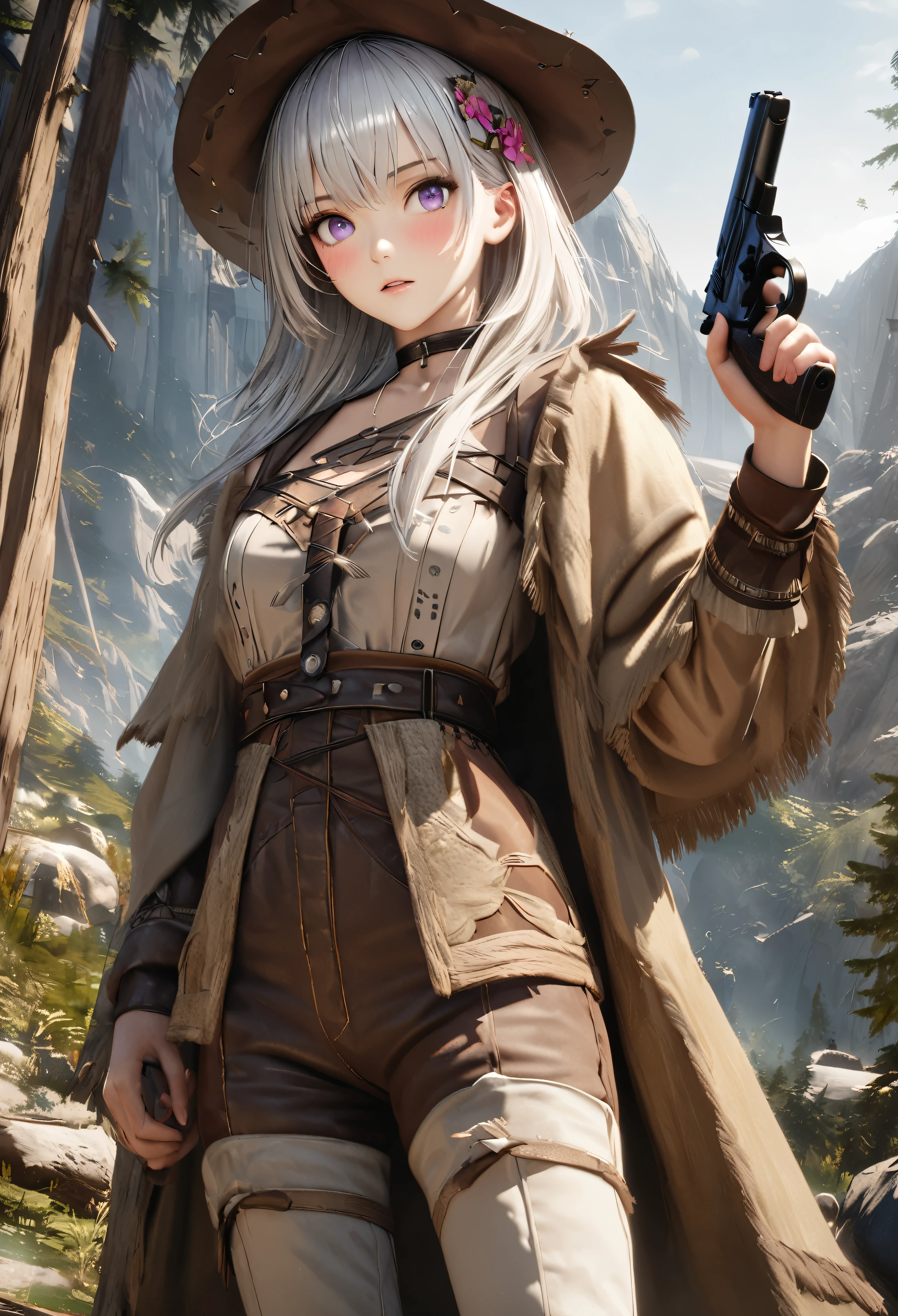 masterpiece,highest quality, Super detailed, High resolution, expensive resolution, HDR, 4k, 8K, unity 8k wallpaper, Super detailed CG, masterpiece, realistic, 2D, 3D, beautiful details, depth, fine texture , super fine: 1.3, Fully focused, Crispy.skin, .he, Very cute anime girl 、Desolate wilderness、cowboy style costume、cowboy hat、cowboy boots、hand gun、mexican wilderness、duel、Standing with a hand gun、long silver hair wearing expensive , one girl、alone, long silver hair, cowboy style、cowboy hat、hand gun、duel、cowboy bootole under the eye, looking at the viewer , expensive , blush, mole, parted lips, hair ornaments, heart, purple eyes, choker