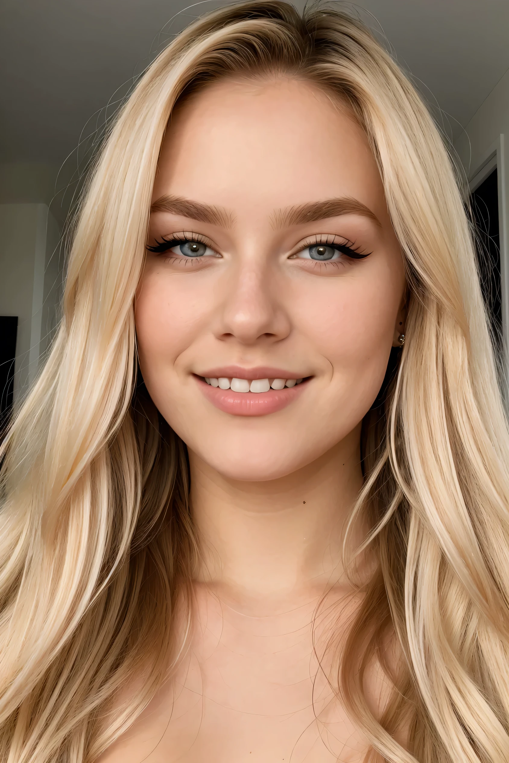 21 year old Scandinavian glamour model, detailed eyes, eyelashes, forehead, very big lips, long hair, blonde hair, looking at viewer, smile