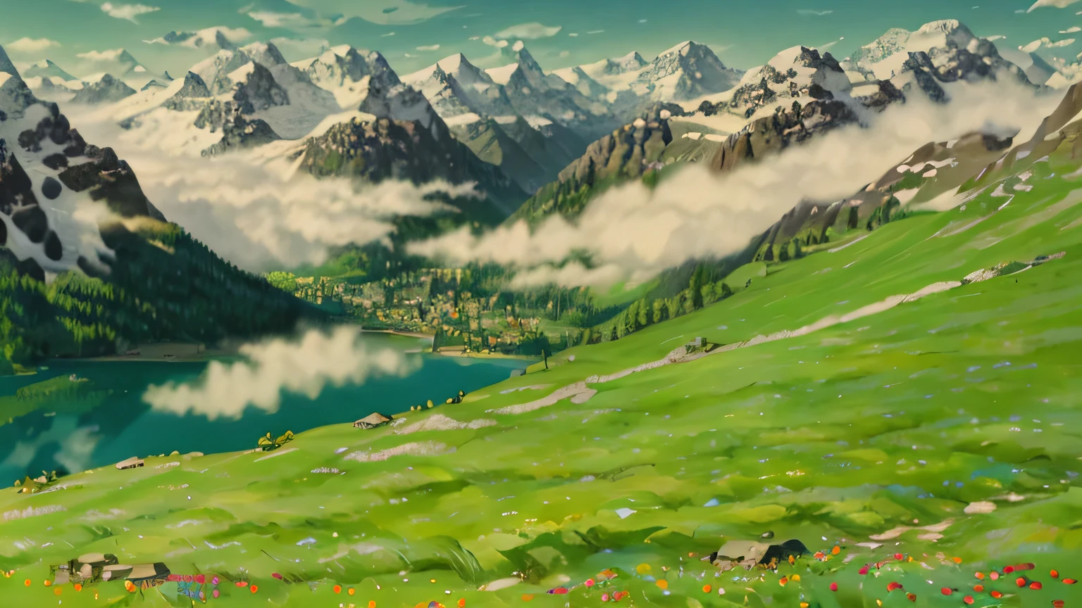 high altitude,top view,street view,houses,mountains,waters,wheat field,Sencor,grassland