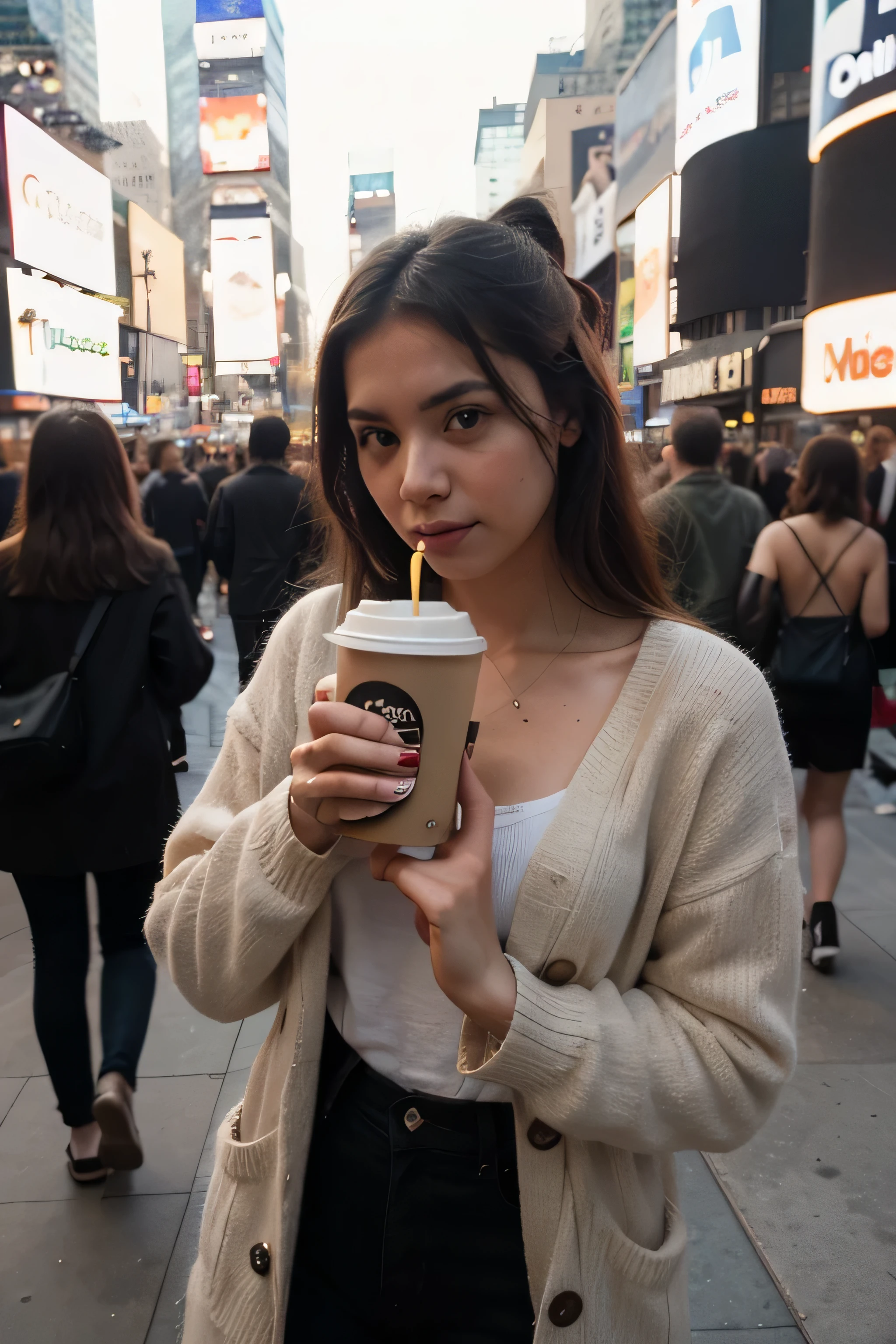 Mujer, rubia, 25 years, en times square, drinking a coffee