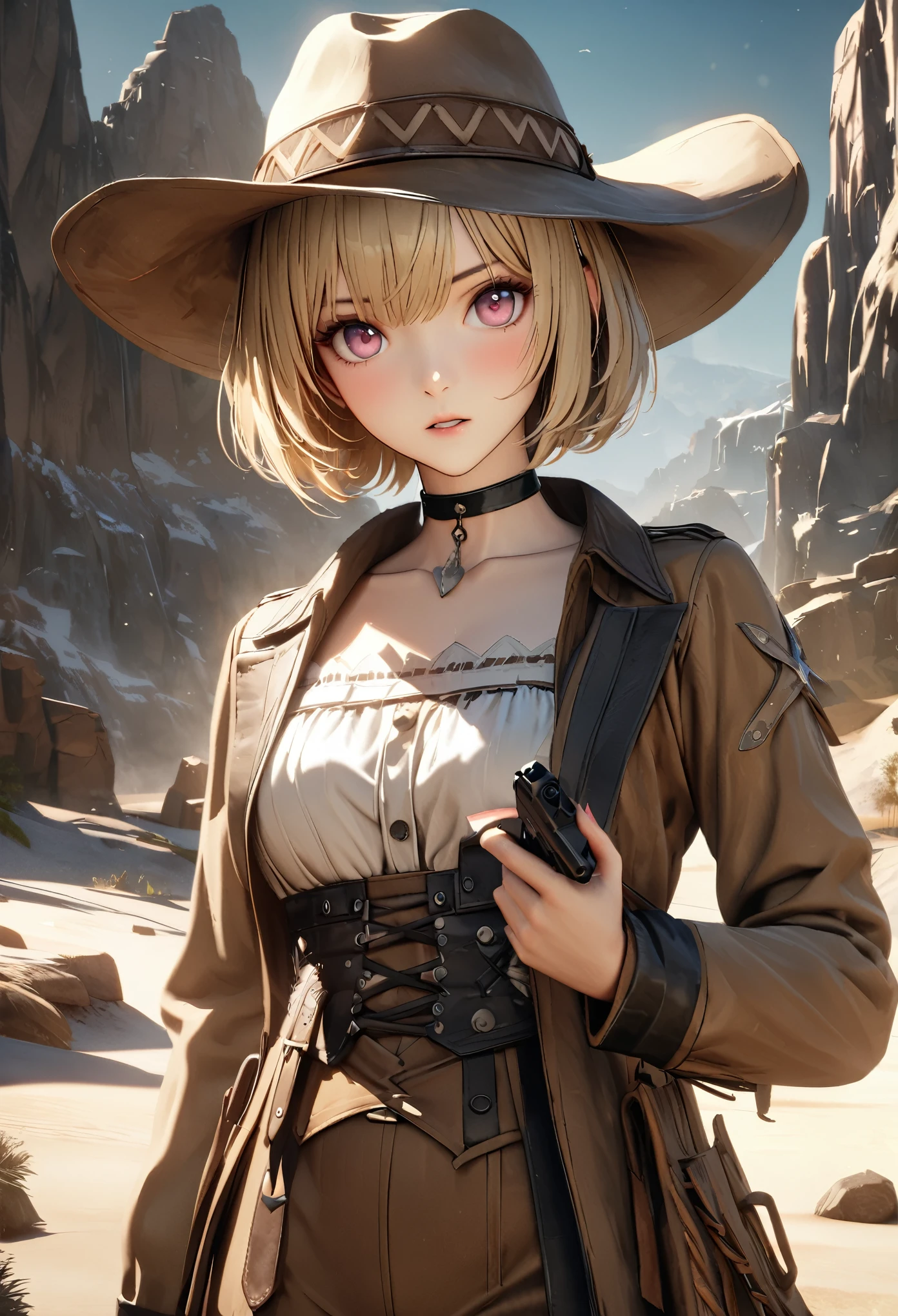 masterpiece,highest quality, Super detailed, High resolution, expensive resolution, HDR, 4k, 8K, unity 8k wallpaper, Super detailed CG, masterpiece, realistic, 2D, 3D, beautiful details, depth, fine texture , super fine: 1.3, Fully focused, Crispy.skin, .he,
Very cute anime girl 、Desolate wilderness、cowboy style costume、cowboy hat、cowboy boots、hand gun、mexican wilderness、duel、Standing with a hand gun、blonde short hair wearing expensive , one girl、alone, blonde short hair, cowboy style、cowboy hat、hand gun、duel、cowboy bootole under the eye, looking at the viewer , expensive , blush, mole, parted lips, hair ornaments, heart, pink eyes, choker