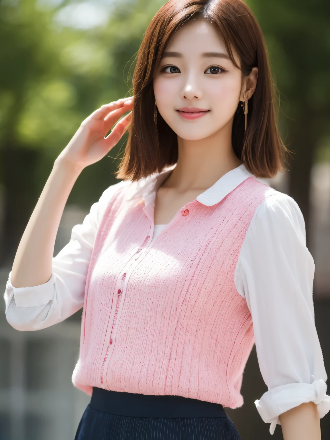 masterpiece, highest quality,Raw photo & realistic atmosphere , Super detailed, finely, High resolution, 8k wallpaper, perfect dynamic composition,upper body shot ,20 year old Japanese woman, put your hand on your head,looking at the viewer, Shibuya Ward,Sunny,morning, medium hair,brown hair,pink blouse,skirt,happiness like a goddess.Left eye wink
