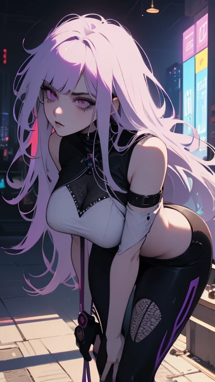 best quality, illustration, beautiful detailed eyes,colorful background,mechanical prosthesis,mecha coverage,emerging dark purple across with white hair,disheveled hair,fluorescent purple,cool movement,rose red eyes,beatiful detailed cyberpunk city,multicolored hair,beautiful detailed glow,1 girl, expressionless,cold expression,insanity, long bangs,long hair, lace,dynamic composition, motion, ultra - detailed, incredibly detailed, a lot of details, amazing fine details and brush strokes