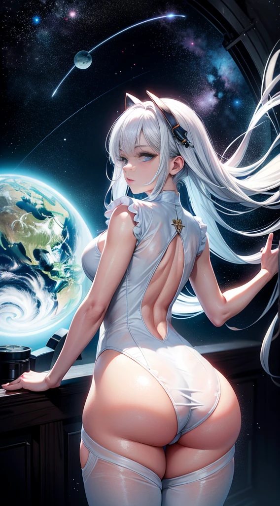 realisticlying, A high resolution, 1 rapariga, White color hair, korean people, eBlue eyes, The transparent cheongsam is flying,Sheer tight-fitting garments,Beads of sweat dripped down the buttocks,Face away from the camera,looking back at the camera,Large chest,Wide buttock, your ass,Butt visible,Visible on the back,buttocks visible,Ass pouted,wide wide shot,Cinema lenses,The skin glows,(space ship),(space ship),(space ship),