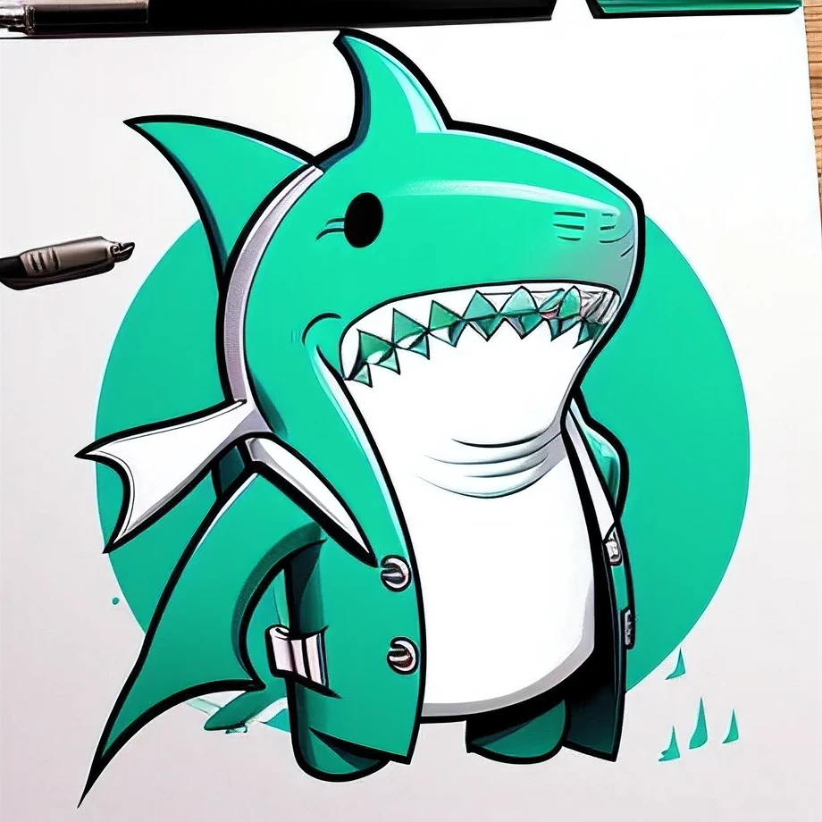 draw a shark with white and green clothes with pliers in his hand 