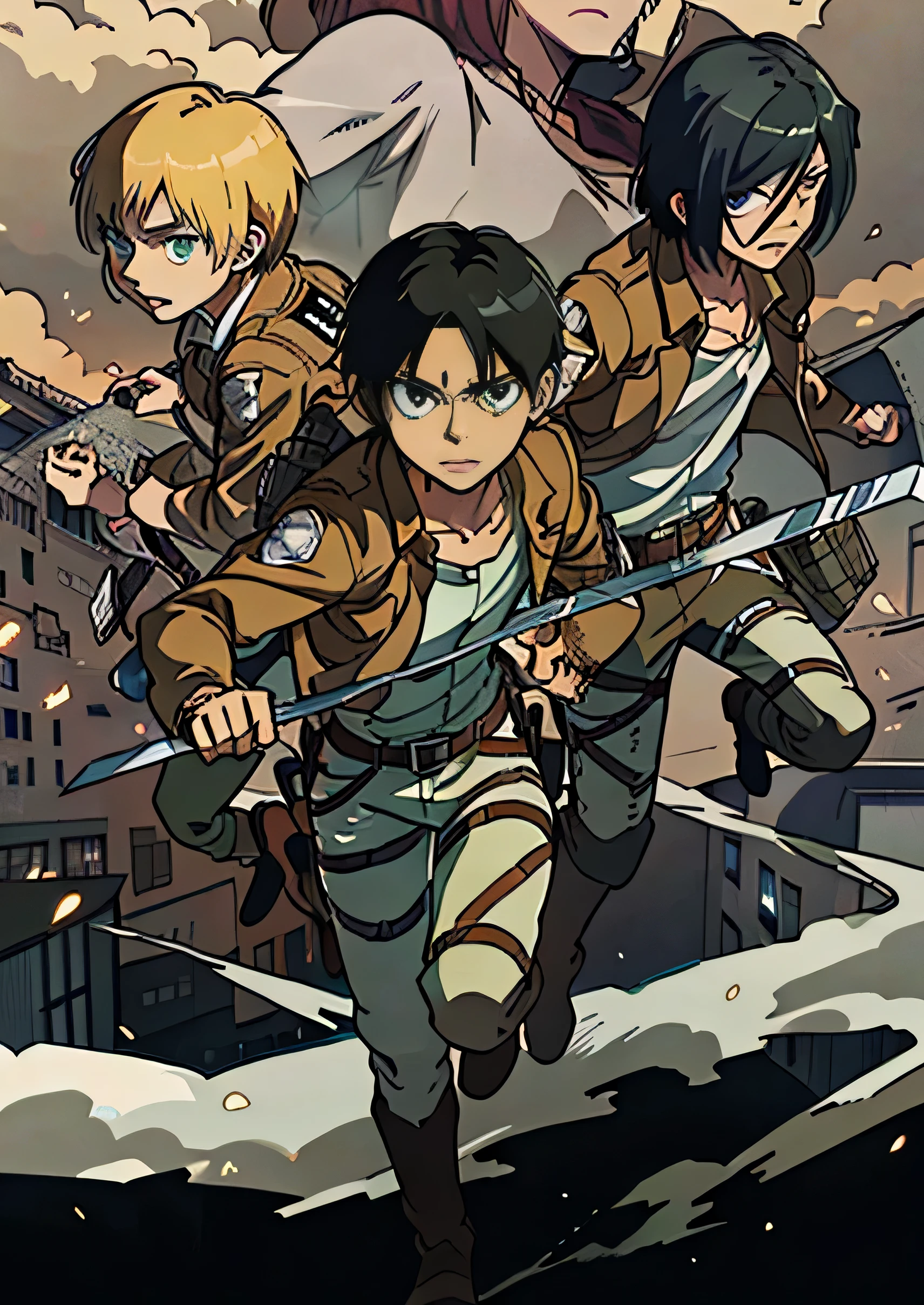 attack on titan anime wallpaper, shingeki no kyojin, key visual of attack on titan, attack on titan covert art, in attack on titan, snk, 3 people, eren yeager, mikasa ackerman, armin arlert, from attack on titan, flat anime style
