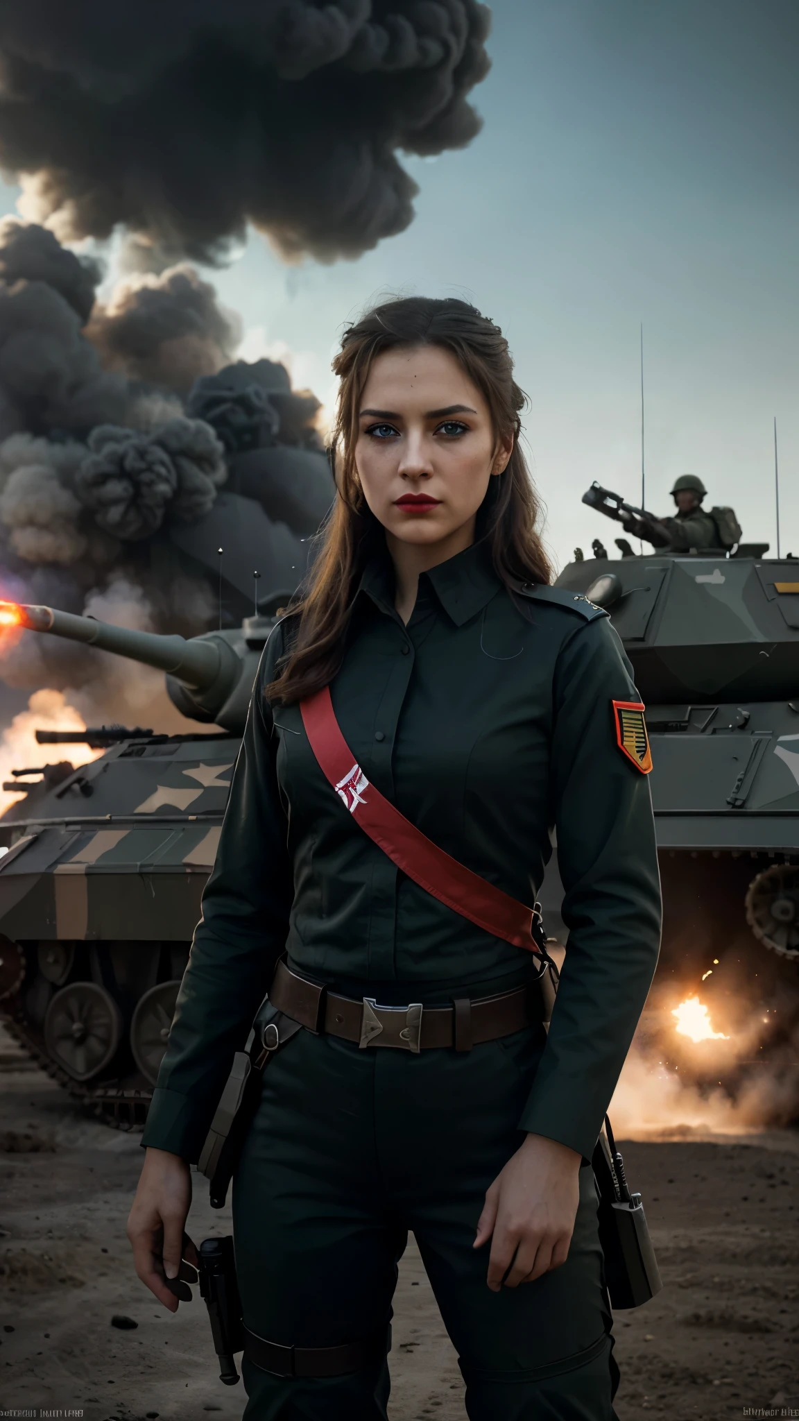 A girl dressed in a military uniform, standing proudly on a battlefield filled with soldiers and tanks, holding a flag with the emblem of the Allied Powers. The girl has intense blue eyes, red lips, and long eyelashes. Her expression exudes determination and courage. The scene is captured in a realistic style with ultra-detailed features and vibrant colors. The background is filled with explosions and smoke, emphasizing the chaos of war. The lighting is dramatic, casting dynamic shadows on the soldiers and tanks. The overall color tone is gritty and desaturated, reflecting the seriousness and somberness of the war. The girl's uniform is intricately designed, showcasing the distinctive style of each country in the Allies. The flag she holds is waving in the wind, symbolizing unity and strength. The composition of the image is dynamic, with a sense of movement and action. The details of the soldiers' uniforms, weapons, and equipment are accurately depicted, adding depth and authenticity to the artwork. This masterpiece of art captures the spirit of the countries' alliances in World War One, highlighting their determination to fight for a common cause and their sacrifice for freedom and peace.
(best quality,4k,8k,highres,masterpiece:1.2),ultra-detailed,(realistic,photorealistic,photo-realistic:1.37),HDR,UHD,studio lighting,ultra-fine painting,sharp focus,physically-based rendering,extreme detail description,professional,vivid colors,bokeh,portraits,landscape,war,history,gritty desaturated colors,dramatic lighting,explosions,determination,Historical Accuracy