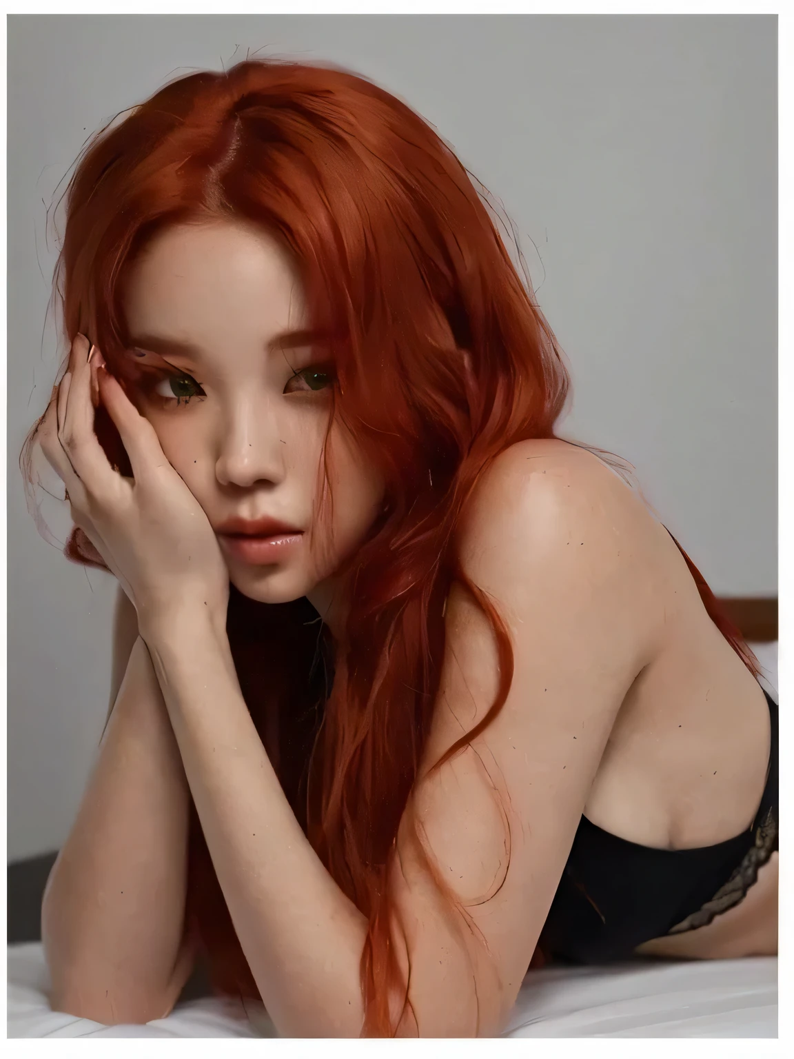 arafed woman with red hair laying on a bed with her hands on her face, red head, red hair and attractive features, redhead girl, with pale skin, she is redhead, park jimin aka jimin park bts , she has red hair, smooth red skin, orange haired goddess, with orange hair and green eyes, orange skin and long fiery hair