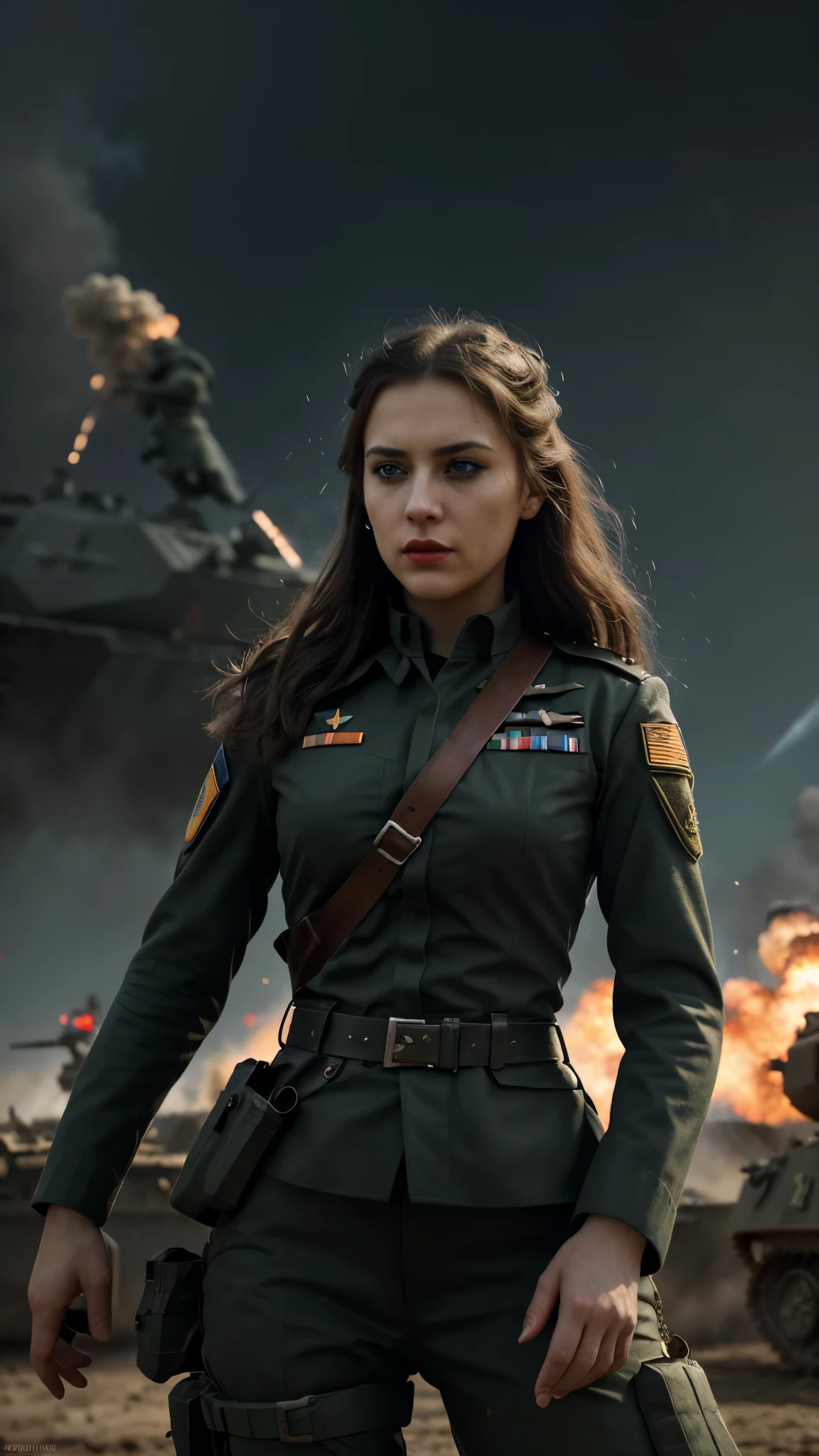 A girl dressed in a military uniform, standing proudly on a battlefield filled with soldiers and tanks, holding a flag with the emblem of the Allied Powers. The girl has intense blue eyes, red lips, and long eyelashes. Her expression exudes determination and courage. The scene is captured in a realistic style with ultra-detailed features and vibrant colors. The background is filled with explosions and smoke, emphasizing the chaos of war. The lighting is dramatic, casting dynamic shadows on the soldiers and tanks. The overall color tone is gritty and desaturated, reflecting the seriousness and somberness of the war. The girl's uniform is intricately designed, showcasing the distinctive style of each country in the Allies. The flag she holds is waving in the wind, symbolizing unity and strength. The composition of the image is dynamic, with a sense of movement and action. The details of the soldiers' uniforms, weapons, and equipment are accurately depicted, adding depth and authenticity to the artwork. This masterpiece of art captures the spirit of the countries' alliances in World War One, highlighting their determination to fight for a common cause and their sacrifice for freedom and peace.
(best quality,4k,8k,highres,masterpiece:1.2),ultra-detailed,(realistic,photorealistic,photo-realistic:1.37),HDR,UHD,studio lighting,ultra-fine painting,sharp focus,physically-based rendering,extreme detail description,professional,vivid colors,bokeh,portraits,landscape,war,history,gritty desaturated colors,dramatic lighting,explosions,determination,Historical Accuracy