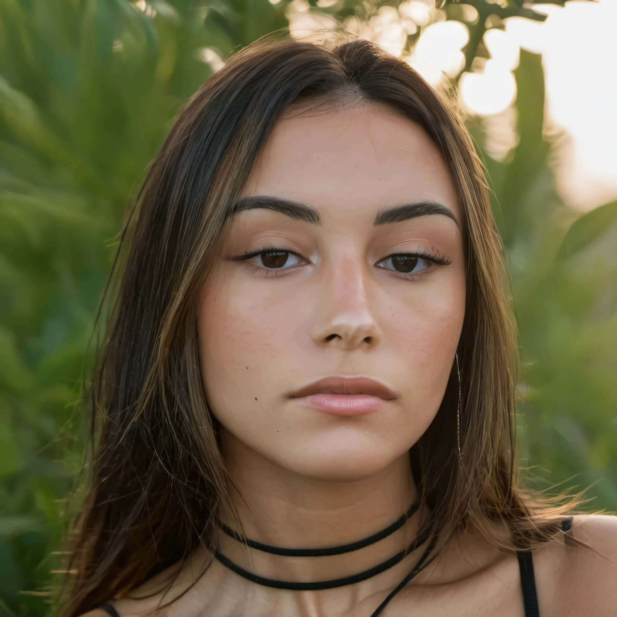 Skin texture, no makeup, Super high res closeup portrait photo of a stunning woman outdoors with straight hair, wearing a small string choker around her neck,f /2.8, Canon, 85mm,cinematic, high quality,looking at the viewer,