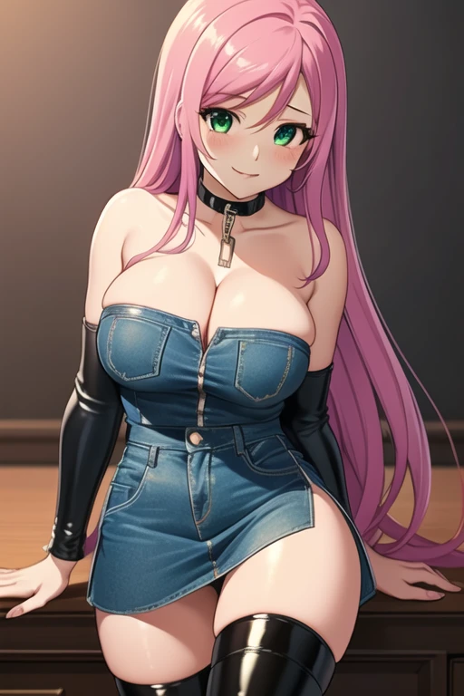 1 girl, 19 years old, Long pink hair, green eyes with slit pupils, master-piece, best quality, (standing up), (denim jacket), (tight white strapless tube top, black leather pencil mini skirt, patent leather high heel boots, cleavage), (Big , ultra gigantic , Super super big, Glamorous body), Make eye contact with the camera, front figure, looking forward, (light_Smile:1.5), (Detailed hands and fingers:1.2), (FULL BODYSHOT), thighs thighs thighs thighs、beauty legs、
