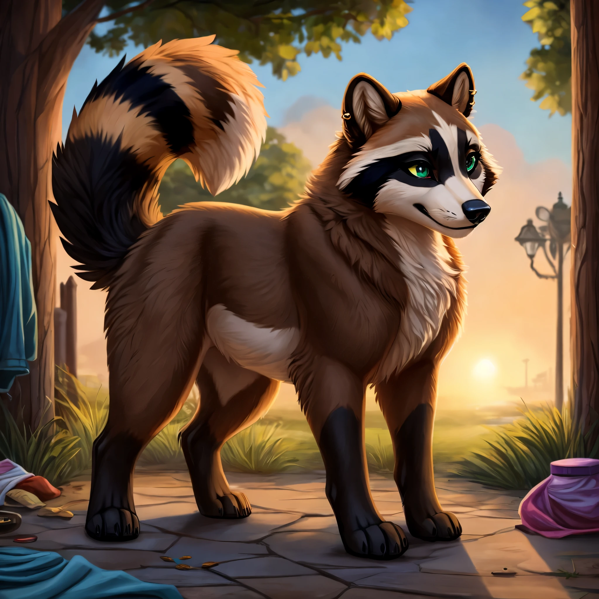 Imagine a character design that vividly brings to life a 22-year-old female feral raccoon with a unique and detailed emo gothic appearance. On all fours at 4'11", this character boasts a thick, multi-colored fur coat, with a dark brown hue on her shoulders and arms, gradually lightening towards her feet, and beige fur on her inner thighs and rump. Her snout features a dark brown button nose, divided into two colors: beige on the lower jaw and light, partially covering her forehead and nasal bridge.Her eyes are striking, with near-black eye cavities framing light green irises and black pupils, accentuated by mascara and eyeliner for a respectable yet seductive look. Notably, she has five gold piercings in her right ear and two eyebrow piercings above her right eye. Her hands and feet have transformed into brown paws, and she sports a long, fluffy striped tail that reveals her emotions - wagging wildly when happy and drooping when sad. Her ears, with dark-brown inner fur and a beige outer rim, react to noises, while her sensitive nose twitches at strong scents.Dressed in whatever she can find, she typically wears no clothes as she’s an animal, with a beige medical plaster on her snout for aesthetic appeal. Despite her tough exterior and initial hostility, she's adaptable and possesses survival skills honed from her raccoon nature, including scavenging for food and being exceptionally agile.She's active during nocturnal hours, leveraging her superior vision and hearing. Although she maintains a certain hygiene standard and is skilled at washing clothes, she's homeless, navigating life with a blend of resilience and vulnerability. This character teases and flirts once she warms up to someone, displaying her complex personality and emotional depth. Feral, zoophillia, beastiality, nsfw, sexy background: outside trashcan filled with sex toys