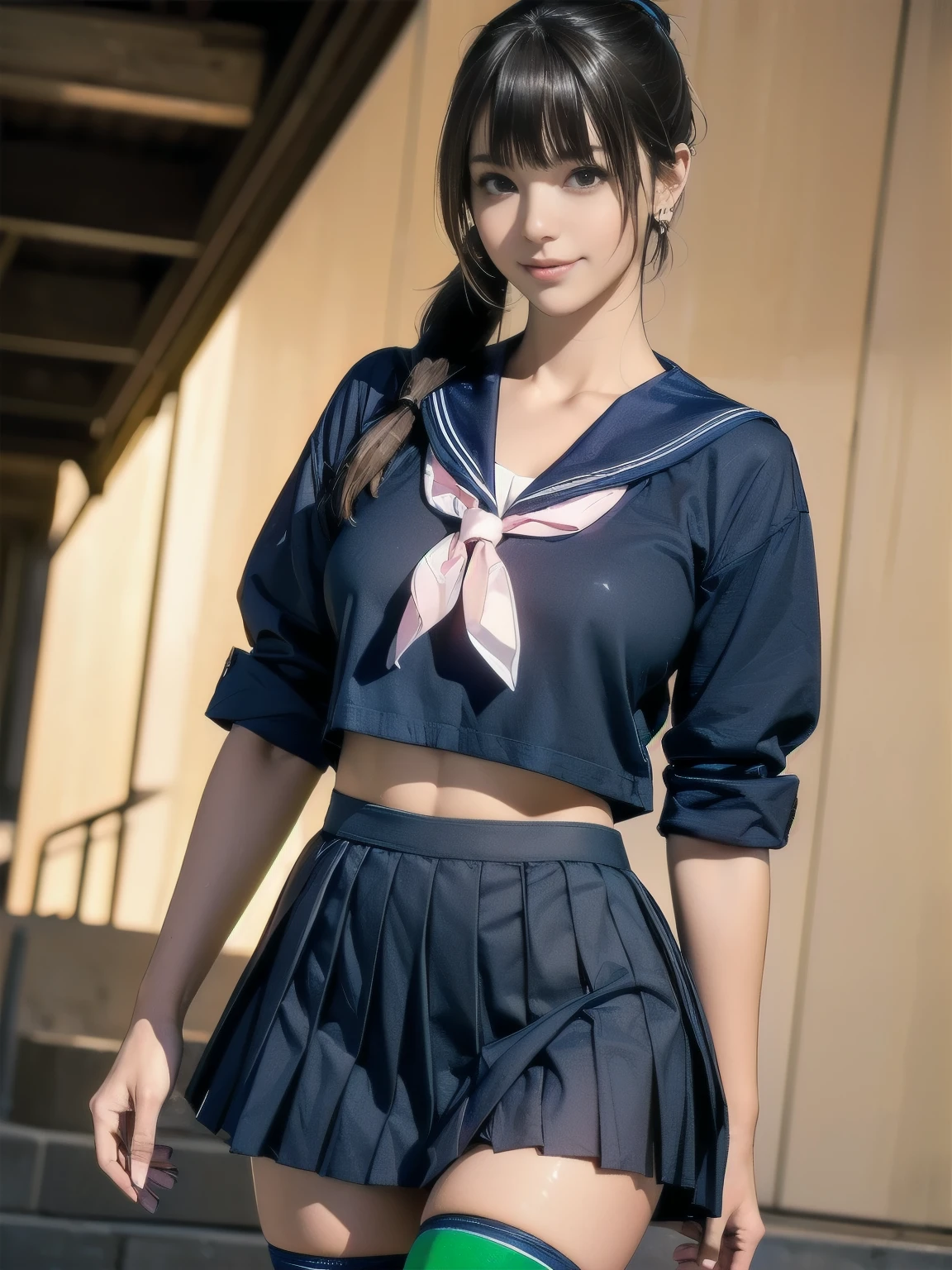 ((((highest quality))))、(((Ultra-precision CG16K wallpaper)))、(((masterpiece)))、(((Super detailed)))、(((super extreme details)))、((1people's women))、mature woman、24 year old woman、(((clarity、detailed face:1.6)))、((Japanese face))、((very beautiful face))、((Mai Shiraishi:1.5))、((straight long ponytail hair、blunt bangs:1.5))、(shiny brown hair)、((Big eyes with double eyelids))、beautiful delicate eyes、brown eyes、raised eyebrows、high nose、small nostrils、small mouth、seductive lips、beautiful breasts、((C cup size breasts))、cleavage、plump body、(Chubby body type)、perfect proportions、perfect anatomy、perfect composition、beautiful detailed shading、beautiful natural lighting、beautiful detail glow、Depth of the bounds written、(((High chroma)))、(((real:1.9)))、((vivid:1.5))、((edge:1.6))、((beautiful skin))、((skin texture))、((realな皮膚感))、(((thigh-high cowboy shot:1.8)))、((Front view、Low - Angle:1.8))、((shy smile:1.5))、(Eyes looking at me:1.5)、Bright daylight、Natural light、(((Uninhabited downtown:1.5)))、(standing pose:1.5)、(((High school girl wearing sailor uniform、Navy blue pleated miniskirt:1.6)))、((earrings、wearing necklace:1.3))、