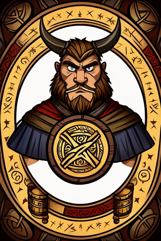 character, viking, strong, northern mythologi, looking straight forward, pretty, cartoon style, including runes, in a circle shape like a coin,