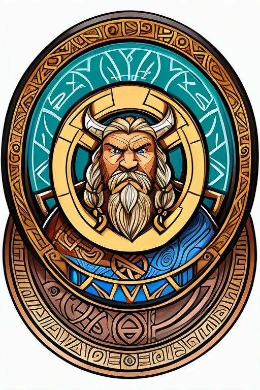 character, viking, strong, northern mythologi, looking straight forward, pretty, cartoon style, including runes, in a circle shape like a coin,