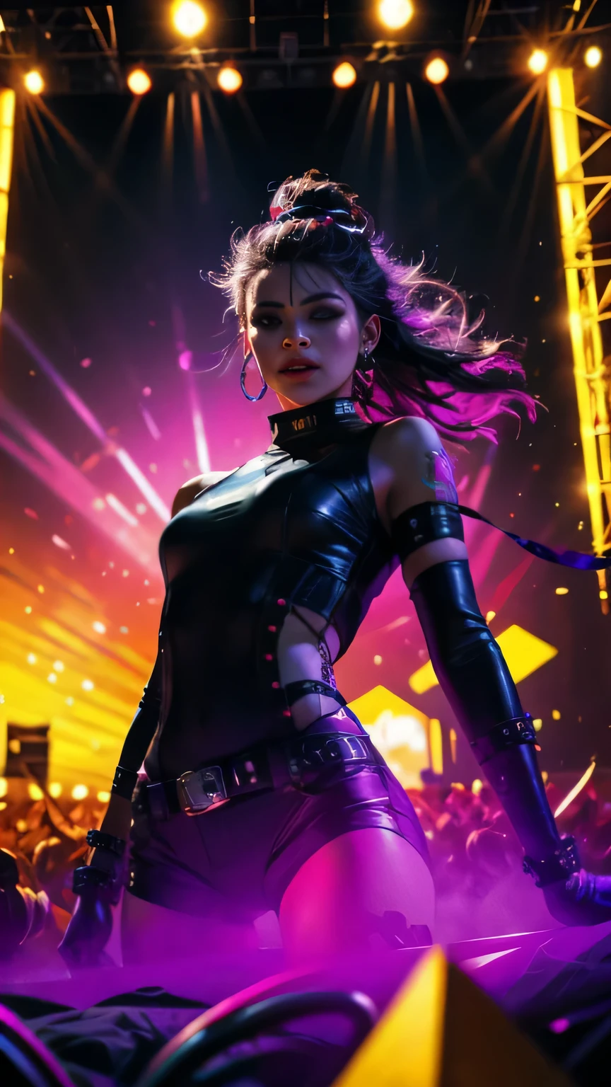 1 girl, upper body, single focus, enigmatic beauty, EDM-inspired attire, futuristic bodysuit, LED accessories, (EDM festival stage backdrop: 1.4), (pulsating beats: 1.3), enigmatic features, electric aura, [depth of field, ambient lighting, neon lights foreground, pulsating ambiance], Electric Dreams, beat echoes, electric presence, (raving crowd), (bass drops: 1.2), intricate details, enhanced lighting.