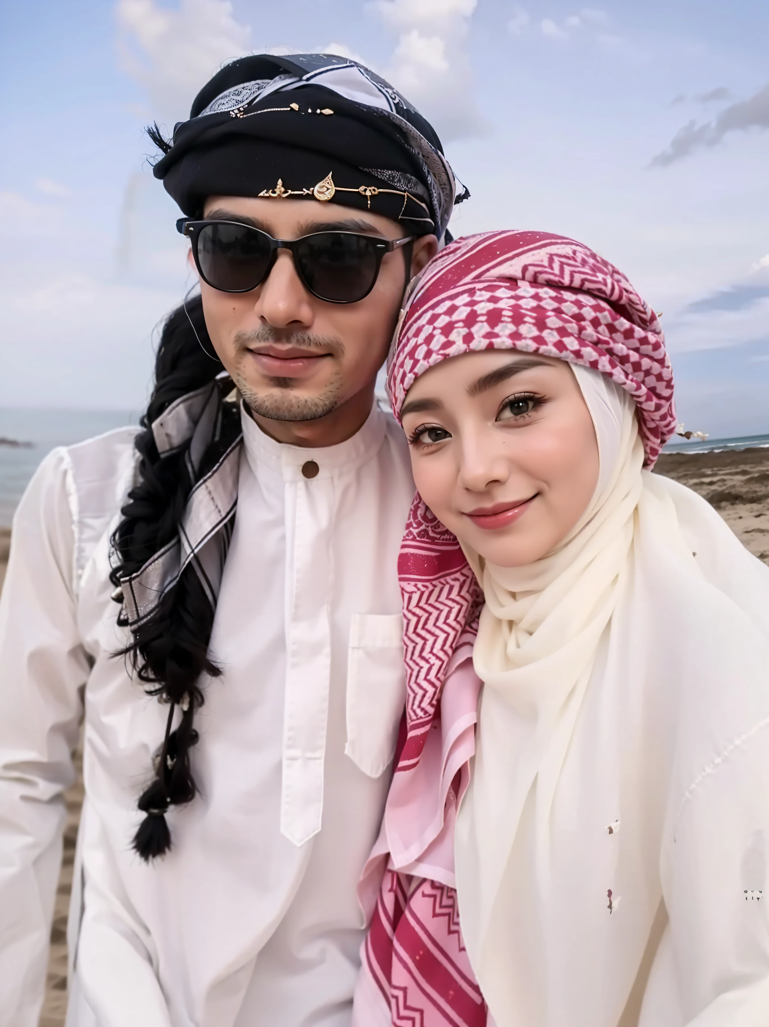 arafed couple in traditional clothing posing for a picture on the beach, lovely couple, siya oum, wearing traditional garb, in desert, couple, happy couple, wonderful, wearing authentic attire, hijab, malaysian, couple pose, white hijab, high quality upload, muslim, beautiful female, with her long, traditional clothes, dilraba dilmurat