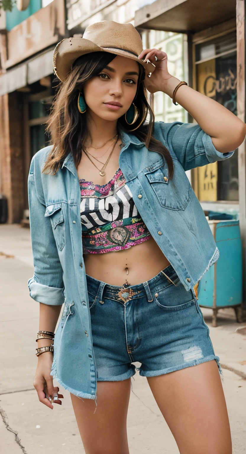 Introducing Jade, representing the eclectic streets of Austin, Texas. She brings a unique blend of southern charm and urban edge to her look. Jade rocks a vintage band tee paired with distressed denim cutoffs and cowboy boots, paying homage to Austin's musical roots and cowboy culture. She accessorizes with a leather fringe bag and statement turquoise jewelry, adding a touch of bohemian flair to her ensemble. With her effortless style and free-spirited attitude, Jade embodies the laid-back yet vibrant vibe of Austin's street scene.