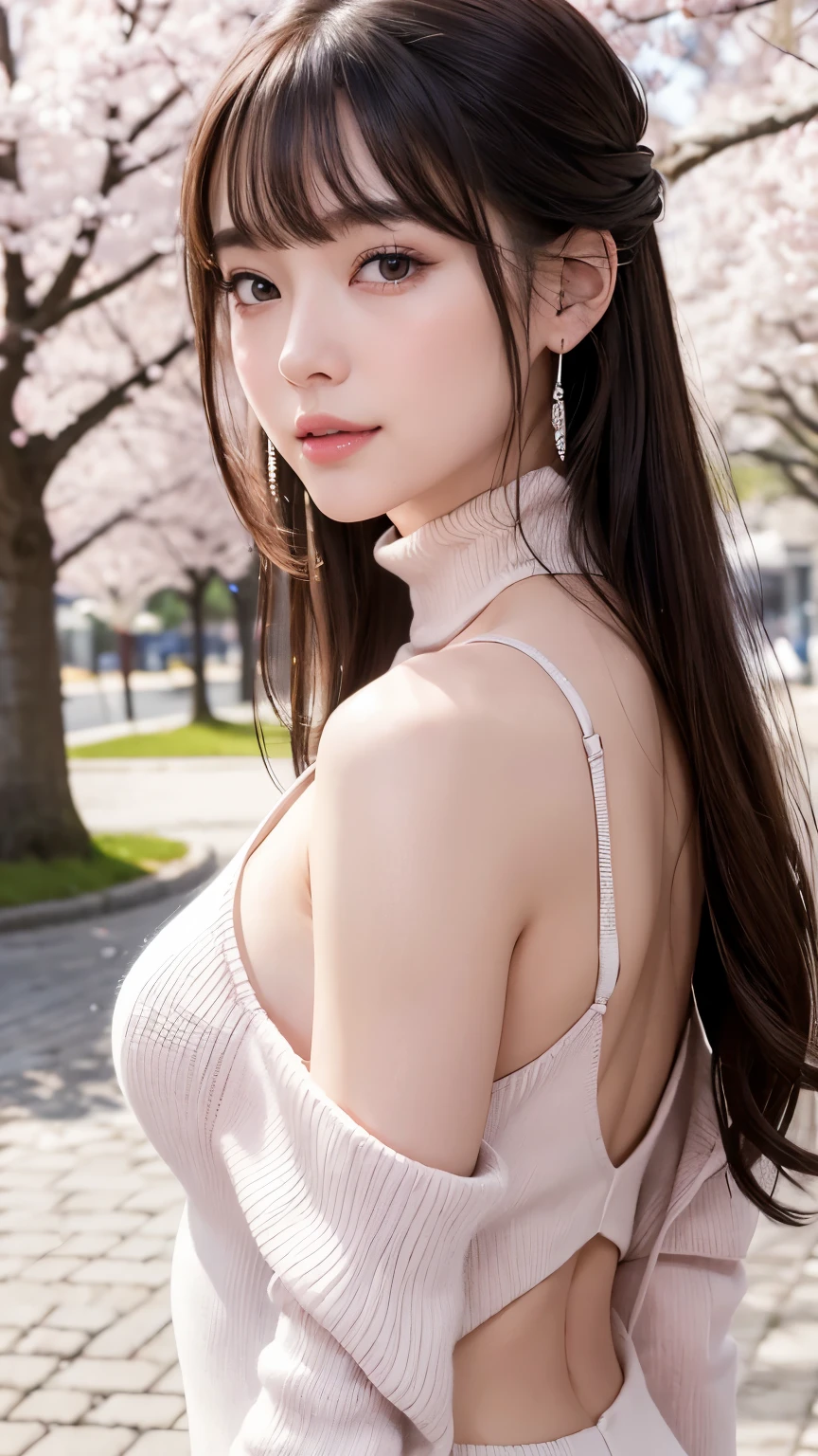 (8K, Raw photo, highest quality, masterpiece: 1.2), Super detailed, super resolution, (genuine, genuine photos: 1.37), portrait, High-definition RAW color photo, professional photos, 非常に詳細で美new, very detailed, 8k wallpaper, amazing details, huge file size, official art, very detailed CG Unity 8k wallpaper, very detailed beautiful girls, very detailed facesHighly detailed eyes, Very fine skin, very detailed fingers, very small nose, very detailed detailed mouth, perfect anatomy, detailed background, fine clothes,20th generation, cute girl, genuineistic body,  white skin, glowing skin,  (dull bangs: 1.2), smile, cute, like々new, cute face, genuineistic face, delicate eyes, sagging eyes, (Sleeveless and open front、Back-open off-shoulder turtleneck sweater)、earrings, necklace、looking at camera, dynamic lighting, G cup breasts,big breasts、、(Background of cherry blossom trees on the riverbed)、(Dynamic Sexy Pose 1.2)、(There is a cleavage )、(White and pink theme)、(Delicate fat moist lips)