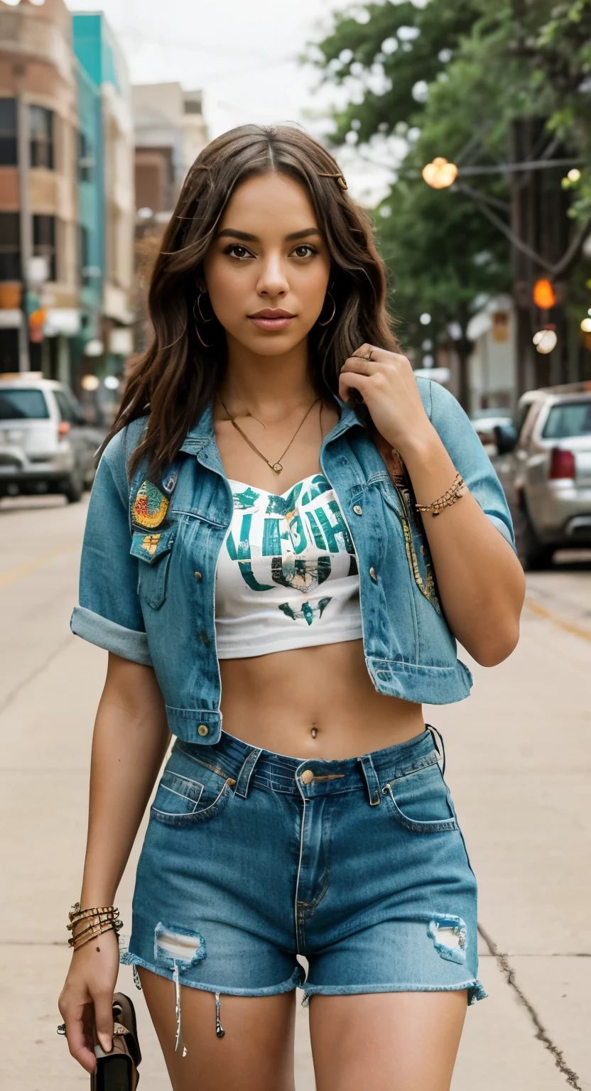 Introducing Jade, representing the eclectic streets of Austin, Texas. She brings a unique blend of southern charm and urban edge to her look. Jade rocks a vintage band tee paired with distressed denim cutoffs and cowboy boots, paying homage to Austin's musical roots and cowboy culture. She accessorizes with a leather fringe bag and statement turquoise jewelry, adding a touch of bohemian flair to her ensemble. With her effortless style and free-spirited attitude, Jade embodies the laid-back yet vibrant vibe of Austin's street scene.