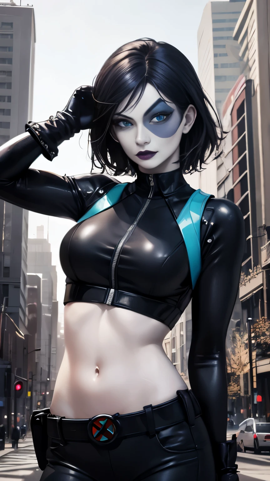 (Highly quality, masterpiece, detailed), city detailed scenario, city detailed background, solo, 1 woman, marveldomino, colored skin, makeup, leather cropped top, sleeves, gloves, belt, bellybutton piercing, beautiful eyes, look at the viewer, Sexy pose 