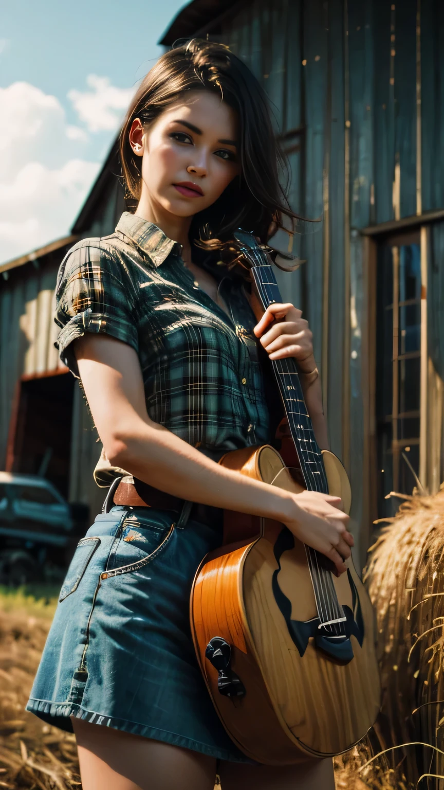 polaroid photo, night photo, 24 year old photo.oh beautiful woman, pale skin, bokeh, Nude motion blur, beautiful girl, cowboy hat, funny fingers, high resolution, in a skin-tight black outfit, play guitar, hyper detail, fully body, farm, farm, with animals.