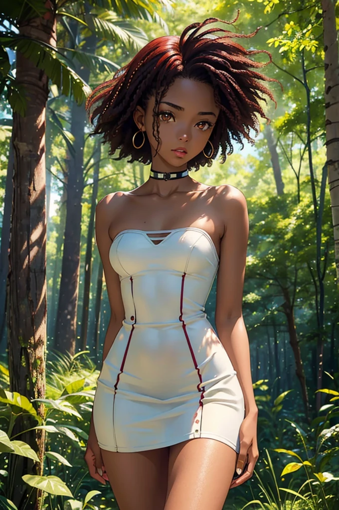 ((best quality)) ((best quality)), ((masterpiece)), (detailed), 4k image, anime style, beautiful woman, astoundingly beautiful girl, yellow bone skin color, African-American facial features, WHITE knee length cocktail dress, forest background, full cherry red lips, fox eyes, oval face, bright gold brown eyes eyes, slim waist, medium height, average breasts, African-American facial features, age looks, not fully developed body, thin and malnourished, sleek dark vermillion red hair, 15 year old girl, standing upright, sexy thigh gap, standing upright with legs shoulder width apart, small curves that are yet to be overly visible, fox ears