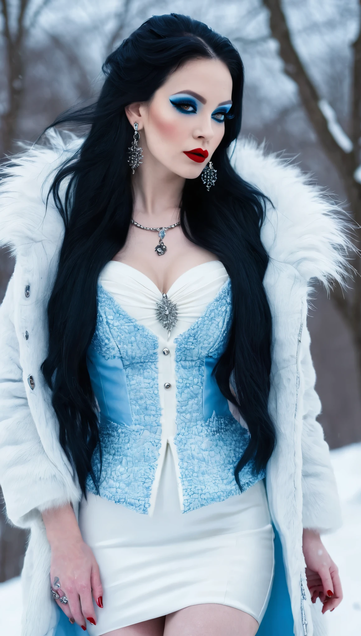Woman, long black hair, bold light blue eyeshadows, red lips, goth style woman, white dress, outdoor, fullbody photo, high heels, huge silver earrings, winter, snow,white short fur jacket, small tattoo on arm