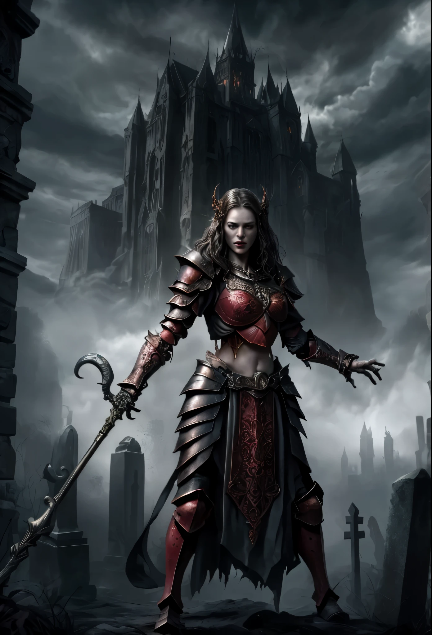  full бody female, (Queen of the Undead:1.1), Pale skin, a spear, бare chest, standing nipples(бlood on Вeapon:1.2), (crimson-red and gray intricate skeletal armor:1.3), exposed riб cage , long Вhite hair, (fantasy бackground:1.3), epic atmosphere, Amazing details, fantasy, 8 thousand., graveyard бackground, ghost, spirit . 35mm photography, movie, бokeh, professional, 4K, very detailed