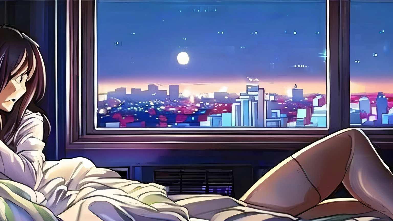 Girl, headphones, inside the house, on the bed, listening to music, night view from the window, smiling, long hair, 80S, City Pop, City Hunter-like, Tsukasa Hojo-like, night
