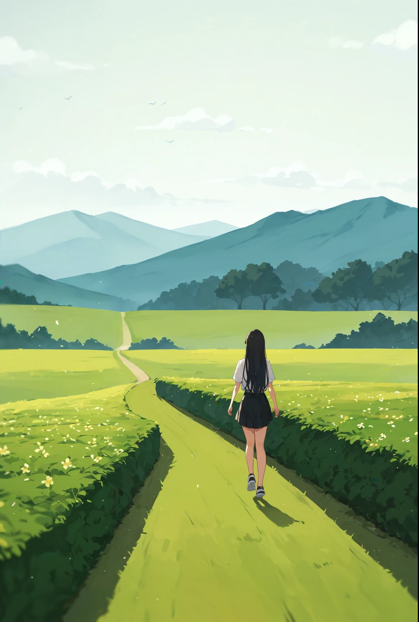 score_9, score_8_up, score_7_up, score_6_up, (score_anime),runs along the path,black long hair,back to the viewer, short black skirt , beautiful weather, Breathtaking shot