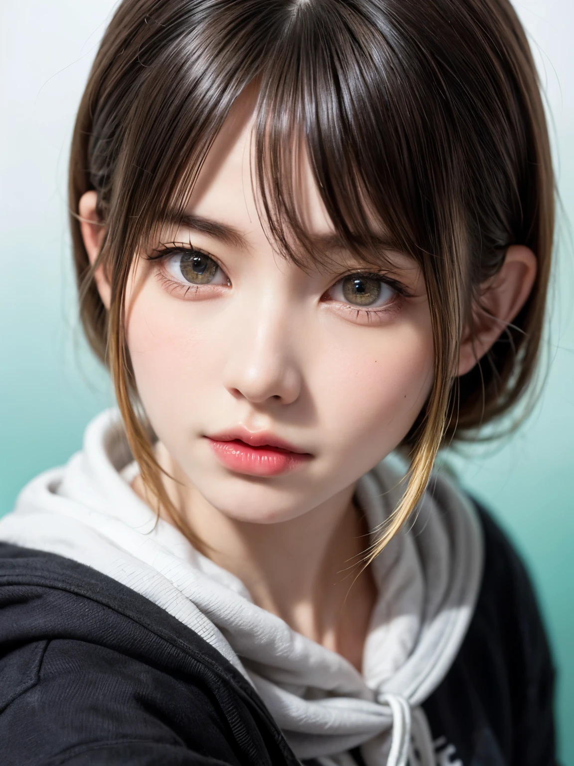 1 girl, alone, alone focus, cowboy shot, portrait, oversized hoodie, aqua green and white hoodie, half aqua, half green, ((brown hair)), (yellow hair), (gradient hair :1.5), curly hair, ((pink eyes)), highly detailed eyes, tan, (dark caramel skin:1.1), highest quality, Super detailed, white background, simple background