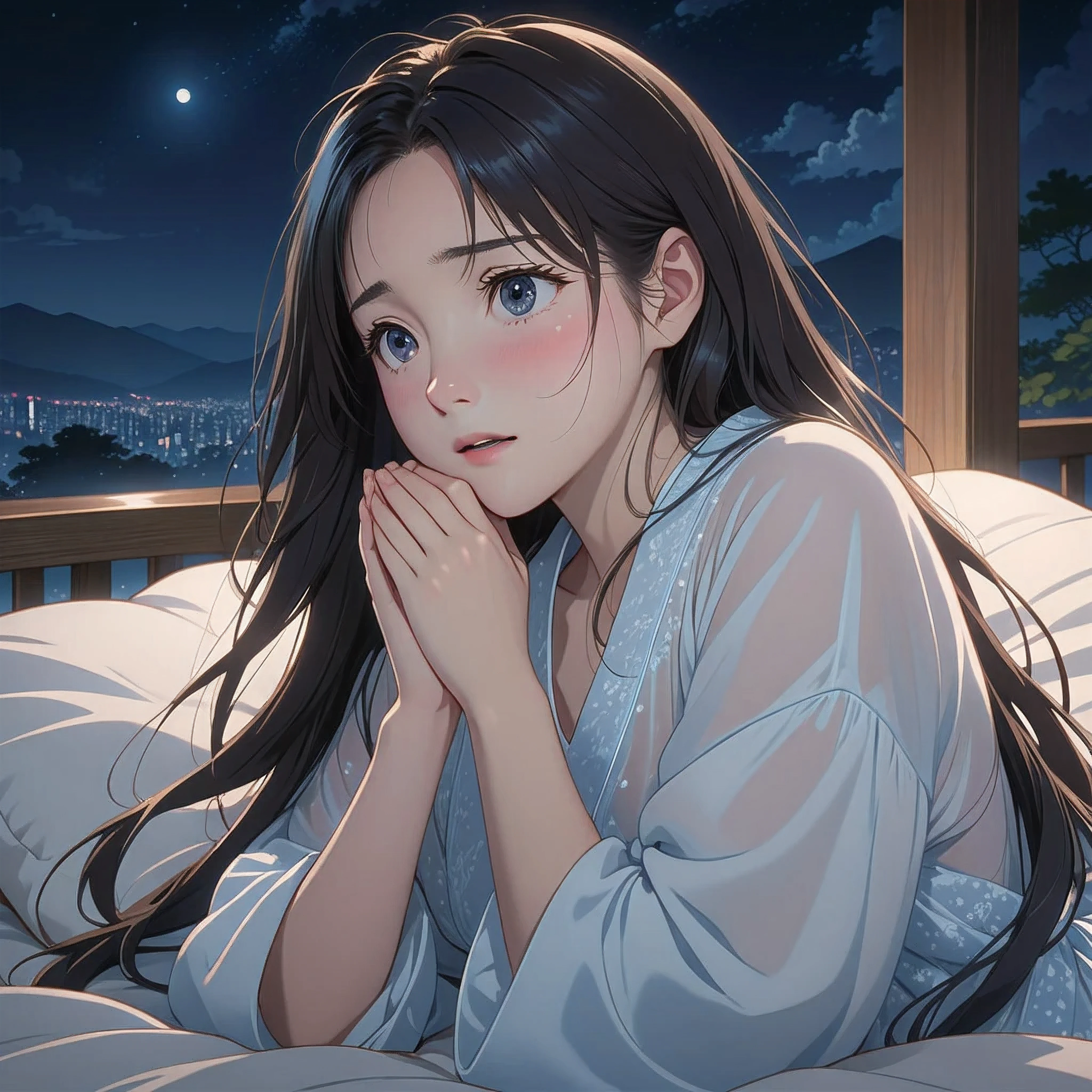masterpiece, High resolution, illustration, kyoto animation style, Your name is cinematic style, night, midnight, Light, (1 female: 1.3), (alone: 1.4), long eyelashes, long hair, nose blushing, futon, embarrassed, transparent nightdress, face close-up, Hide with hands , Hide with hands, full body.