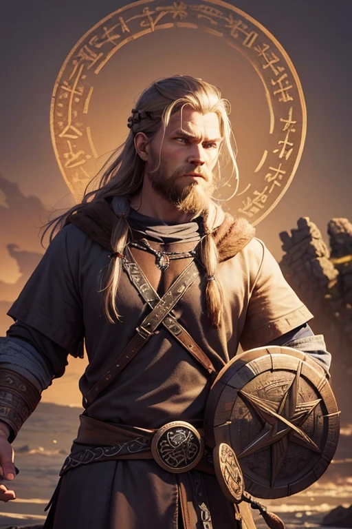 character, viking, strong, northern mythologi, looking straight forward, pretty, including runes, in a circle shape like a coin, 