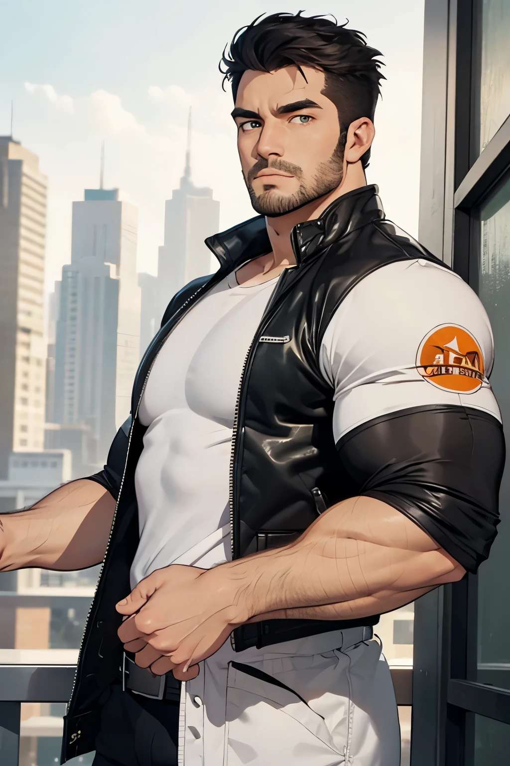 Masterpiece, Best Quality, Ultra-Detailed, 1man, solo, a wild muscular man, (big shoulders), musculature, stubbles, black hair, green eyes, short beard, (beautiful eyes:1.3), (Detailed face: 1.3), (((white jacket:1.0))), orange shirt, short sleeves shirt, (((short sleeves jacket:1.0))), Dynamic Angle, volumetric lighting, (Best quality, A high resolution), Intricate details, upper body shot, city background, city daylight