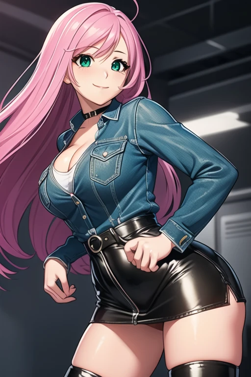 1 girl, 19 years old, Long pink hair, green eyes with slit pupils, master-piece, best quality, (standing up), (denim jacket), (tight denim dress, black leather pencil mini skirt, patent leather high heel boots, cleavage),  (Big , ultra gigantic , Super super big, Glamorous body), Make eye contact with the camera, front figure, looking forward, (light_Smile:1.5), (Detailed hands and fingers:1.2), (FULL BODYSHOT), thighs thighs thighs thighs、beauty legs、