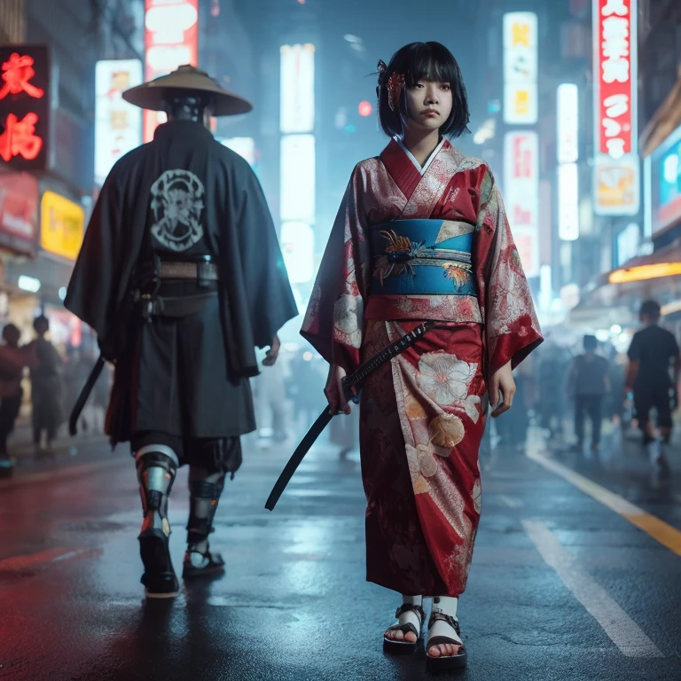 full-body shoot photography, Cyberpunk style. an Indonesian woman with a round face, short hair, 20 years old, flat face, wearing a stylish kimono and sandals. walking and carrying a sword. Japanese cyberpunk night background. hyperrealistic photography, RAW, cinematic style, turned to the camera, 