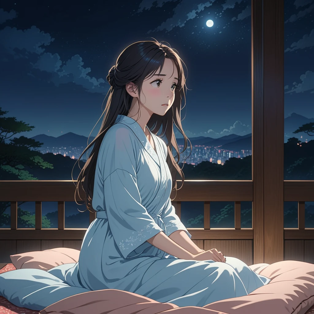 masterpiece, High resolution, illustration, kyoto animation style, Your name is cinematic style, night, midnight, Light, (1 female: 1.3), (alone: 1.4), long eyelashes, long hair, nose blushing, futon, embarrassed, calm, nightdress, Hide with hands , Hide with hands, full body view.