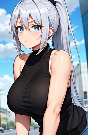 office Street, silver hair, blue eyes, black skin, folded ponytail, sexy,  huge breasts, side　sleeveless knit