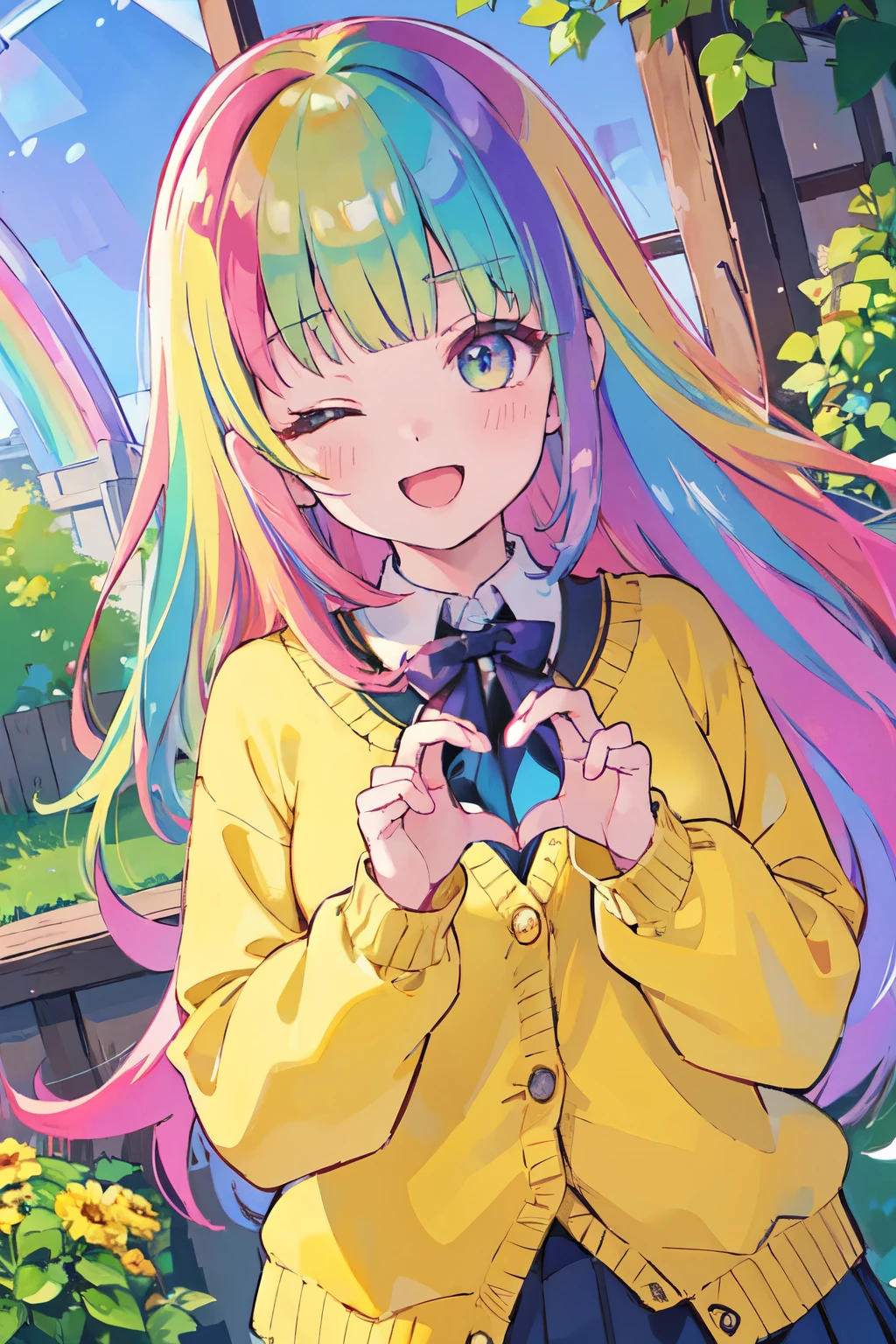 (8K, best quality, master piece: 1.2), super high resolution,1 16-year-old woman,cute,ultra-detailed face,detailed eyes, (((rainbow hair)))、(heart hands),happy,one eye closed,open mouth,long hair,blunt bangs,BREAK,pleated skirt,yellow cardigan,dutch angle,professional writing,garden