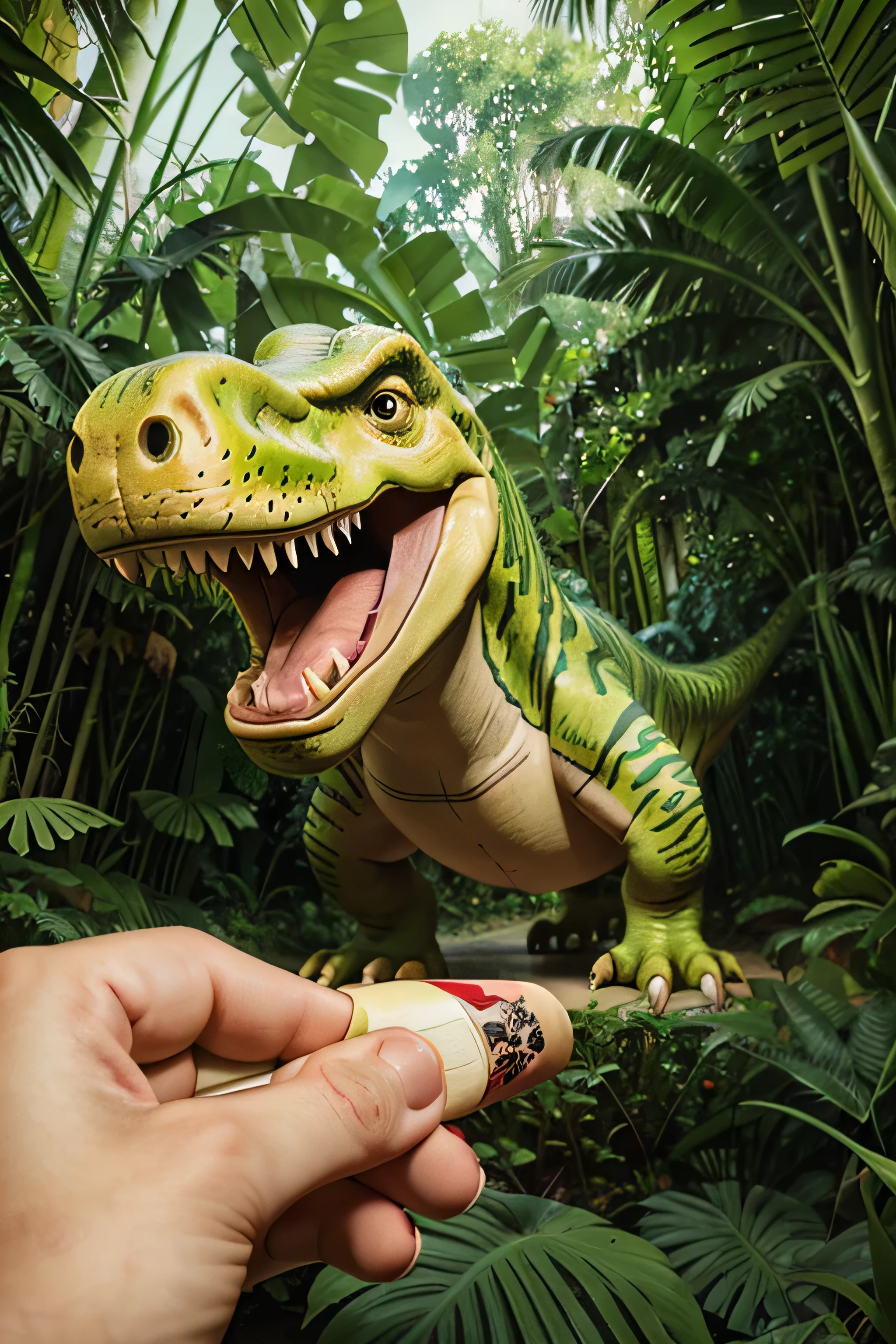kids illustration, t-rex in a jungle, cartoon style, thick lines, low detail, vivid color